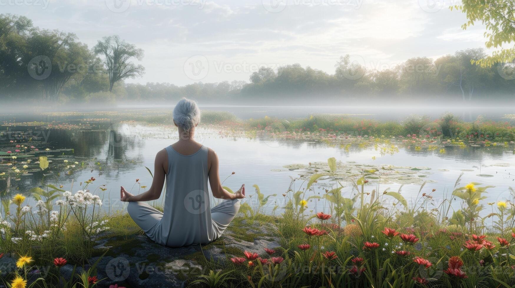 uma pacífico oásis para uma aposentado quem encontra consolo dentro dela diariamente ioga prática enquanto negligenciar uma calma rio cercado de vibrante flores silvestres foto