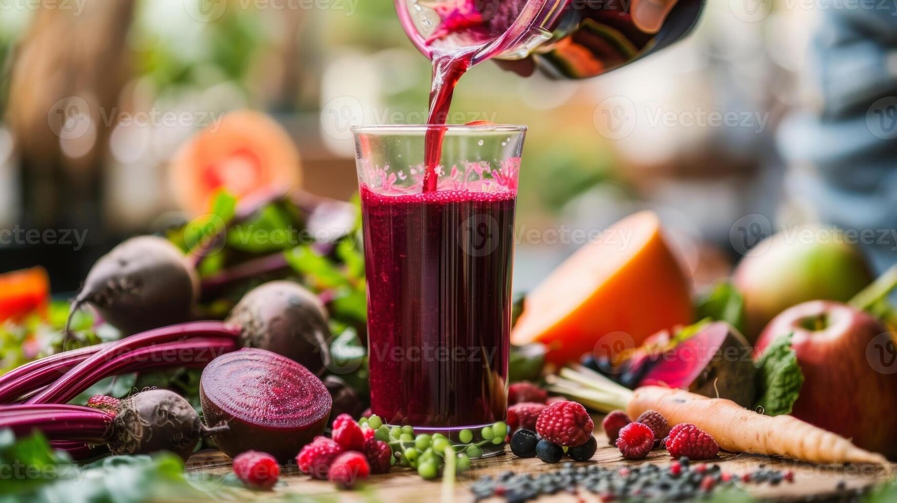 uma pessoa derramando uma vibrante vermelho beterraba e baga suco para dentro uma chique vidro cercado de fresco frutas e legumes foto