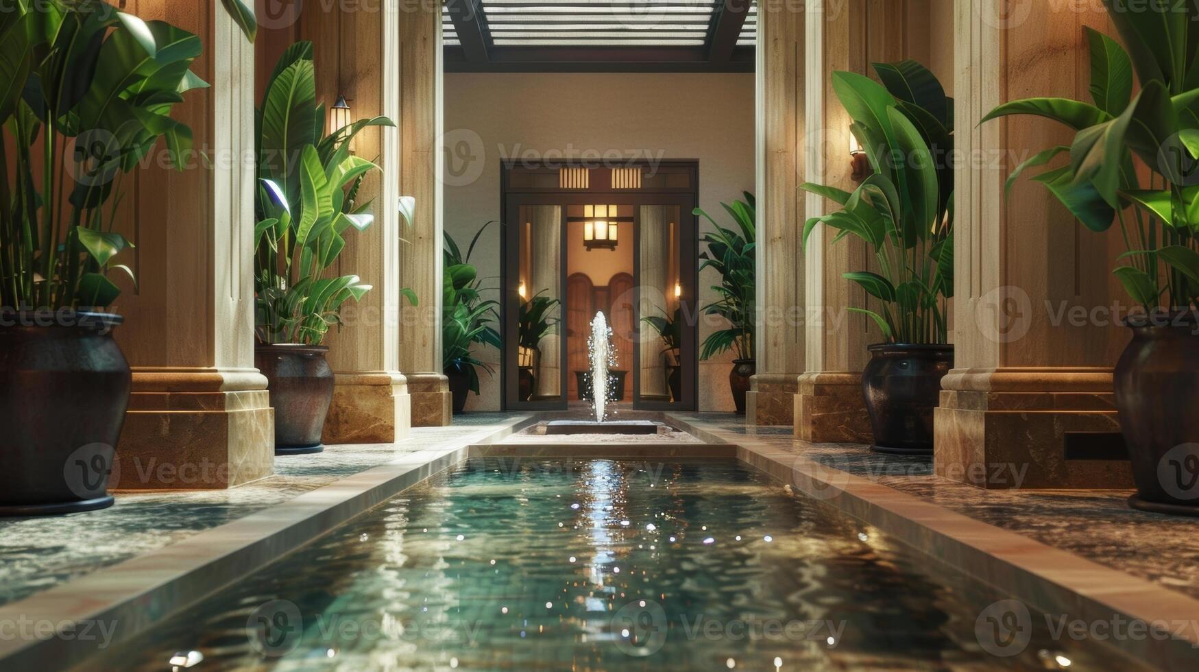 uma grande Entrada para a spa com alta colunas e uma espumante água fonte criando uma pacífico ambiente. foto