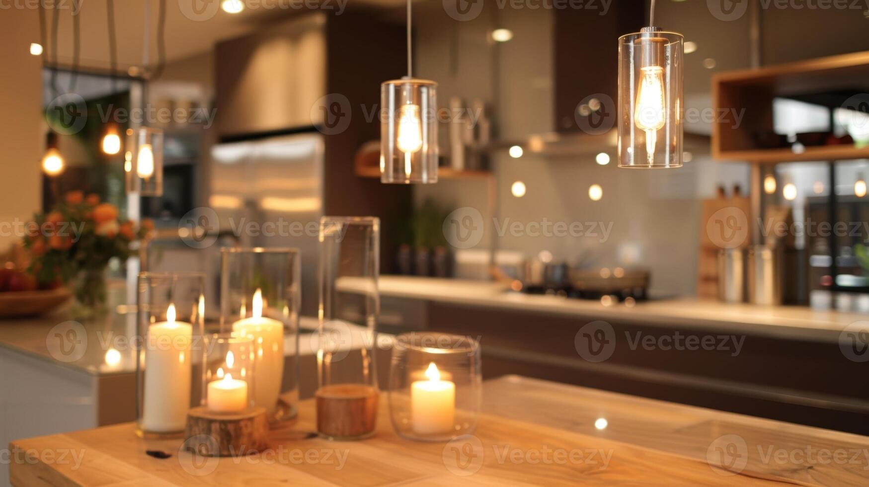 uma caprichoso toque para uma moderno cozinha com lustroso suspenso velas adicionando uma toque do romance para a espaço. 2d plano desenho animado foto