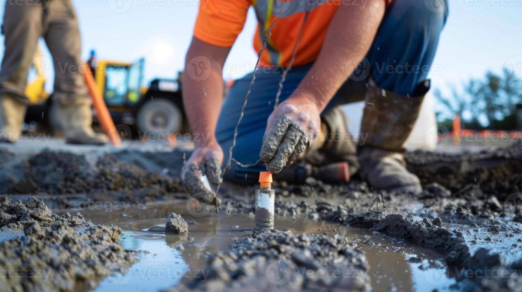 uma fechar-se tiro do uma técnico medindo a consistência do a concreto misturar com uma queda cone foto