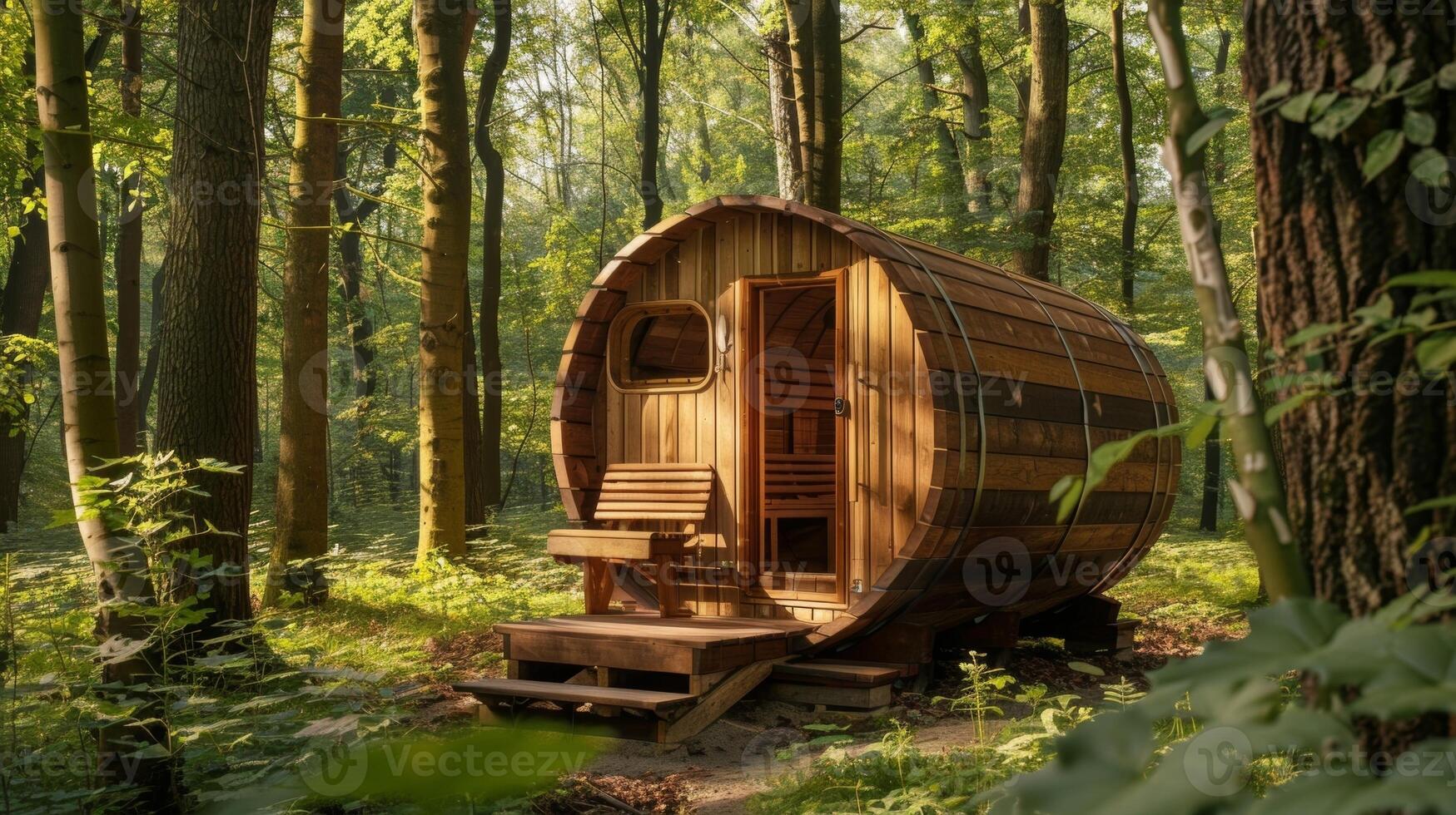 uma de madeira sauna vagão situado dentro uma sereno floresta configuração oferta uma único sauna experiência. foto