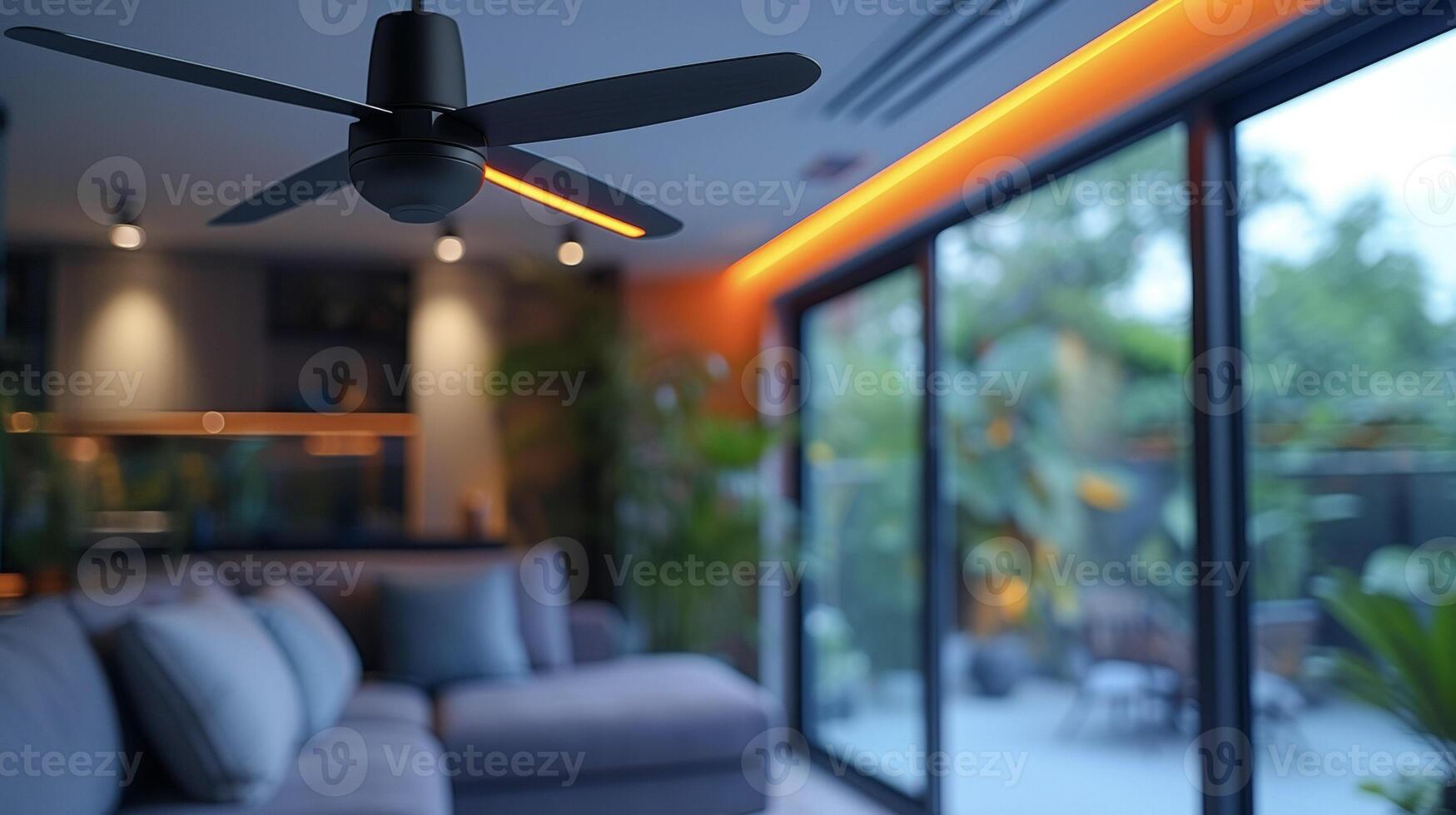 uma fechar-se do uma moderno teto ventilador com integrado conduziu luzes controlada de uma inteligente casa dispositivo adicionando ambos estilo e conveniência para a renovação foto