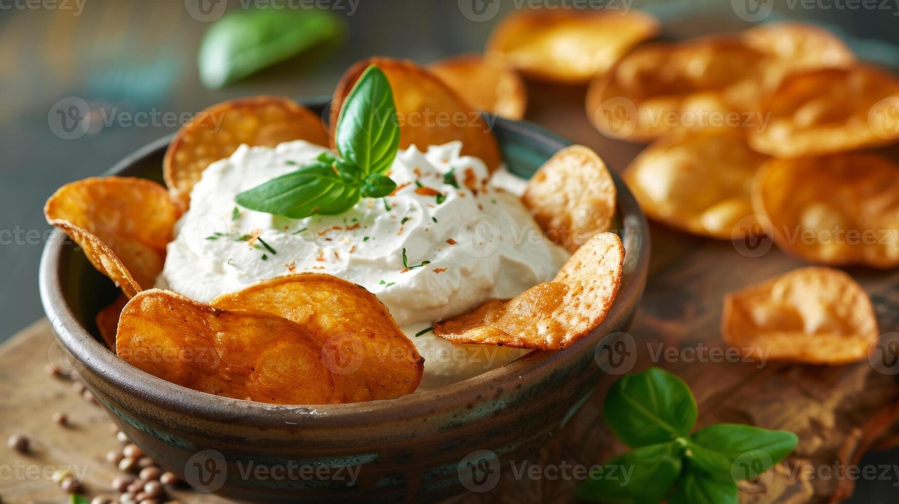 uma tigela do crocantes lentilha salgadinhos servido com uma rico e cremoso branco feijão mergulho foto