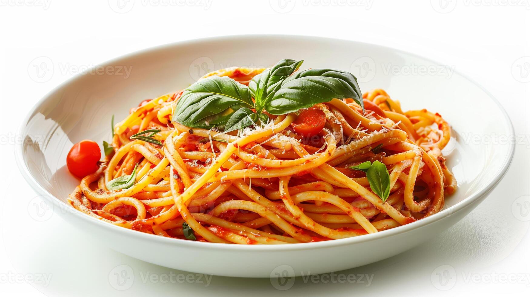 fechar acima do italiano espaguete massa enfeitado com fresco manjericão, cereja tomates, e Grato parmesão queijo, isolado em uma branco fundo com uma leve sombra foto