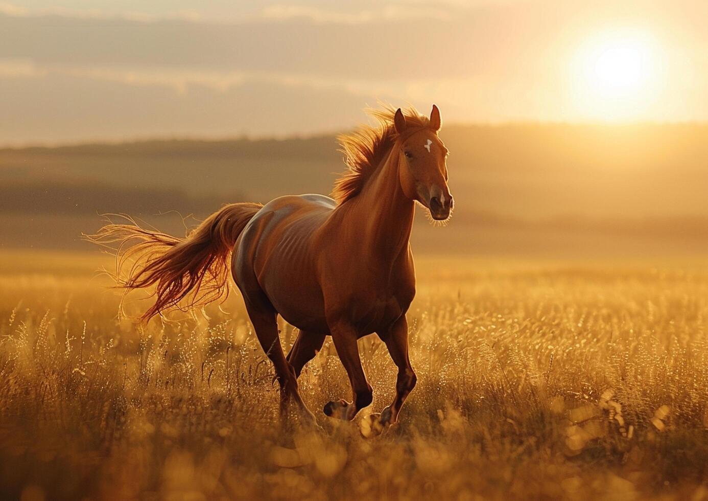 uma cavalo galopando através uma grande, Beijado pelo sol, ensolarado campo gerado de ai. foto