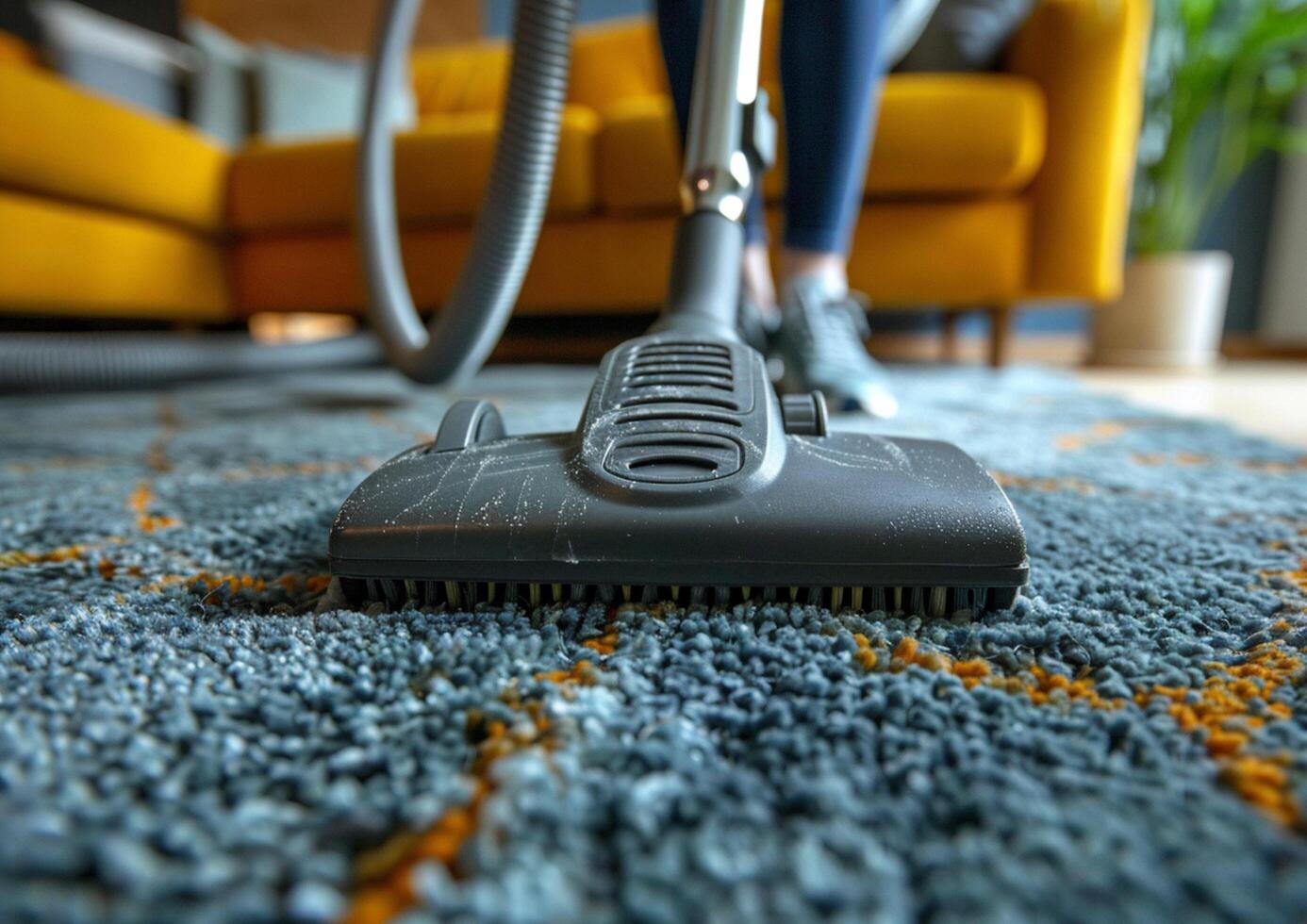 mulher limpeza com vácuo limpador tapete dentro a vivo quarto às casa gerado de ai. foto