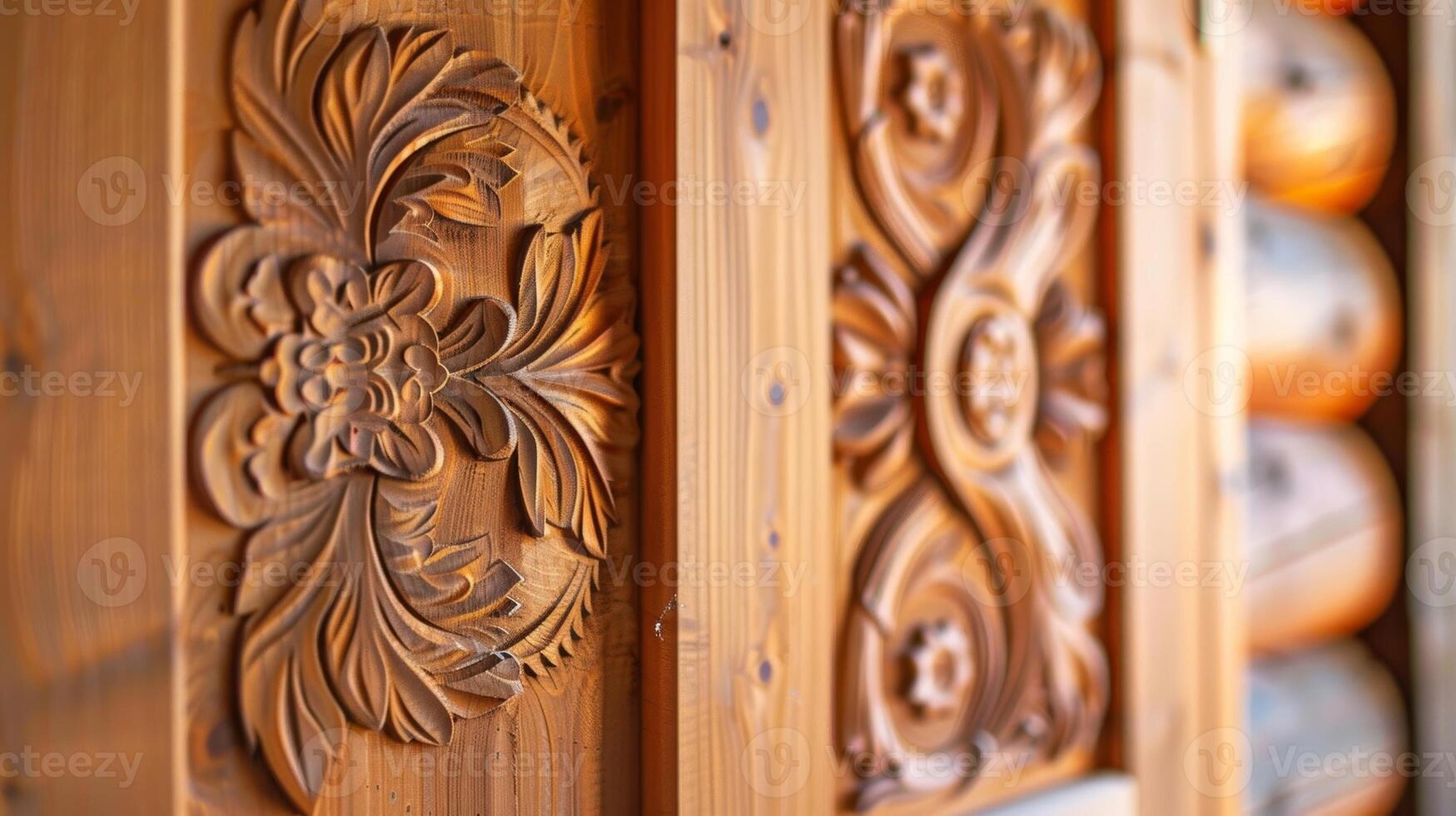 uma fechar-se do uma de madeira sauna porta revela intrincado esculturas e detalhes destacando a cultural significado do saunas dentro certo regiões. foto