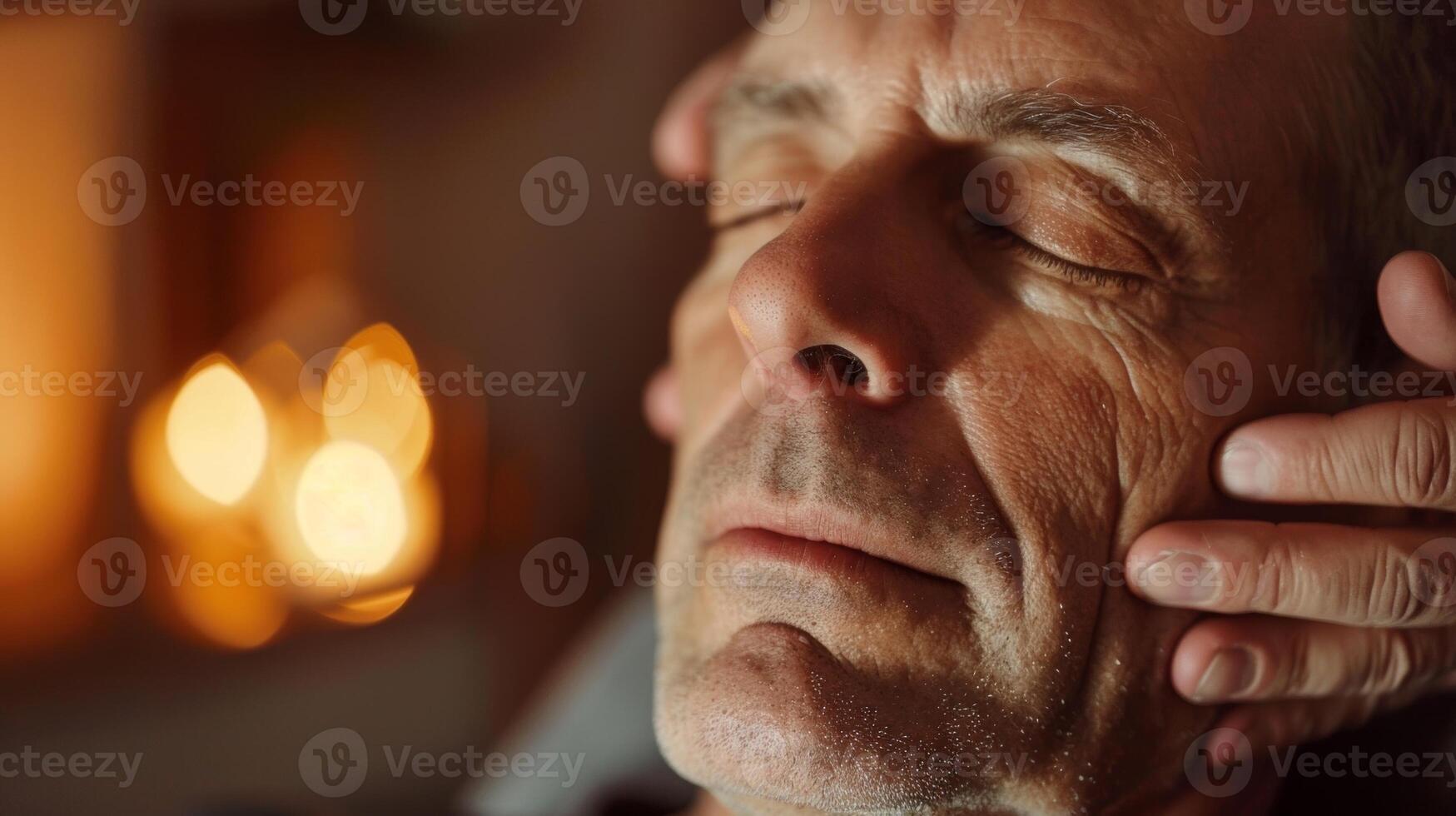 Como ele trabalho a homem começa para relaxar e dele respiração torna-se Mais firme uma placa do a terapias calmante efeitos foto