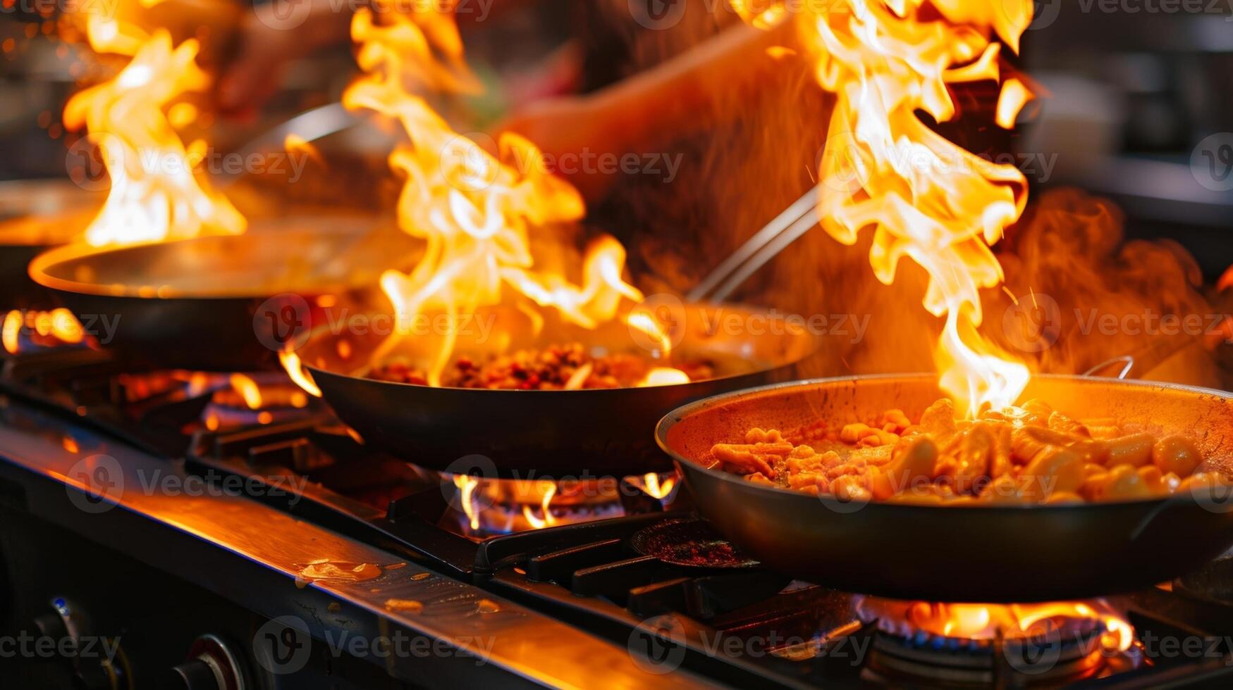 Como a chefs rodopiou seus ingredientes dentro chiando panelas a chamas a partir de a fogões refletido dentro seus focado olhos. 2d plano desenho animado foto