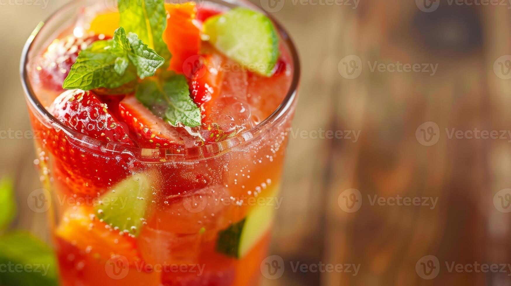 uma fechar-se tiro do uma refrescante mocktail preenchidas com fresco fruta e enfeitado com uma hortelã folha perfeito para bebericando durante uma Pré-jogo celebração foto