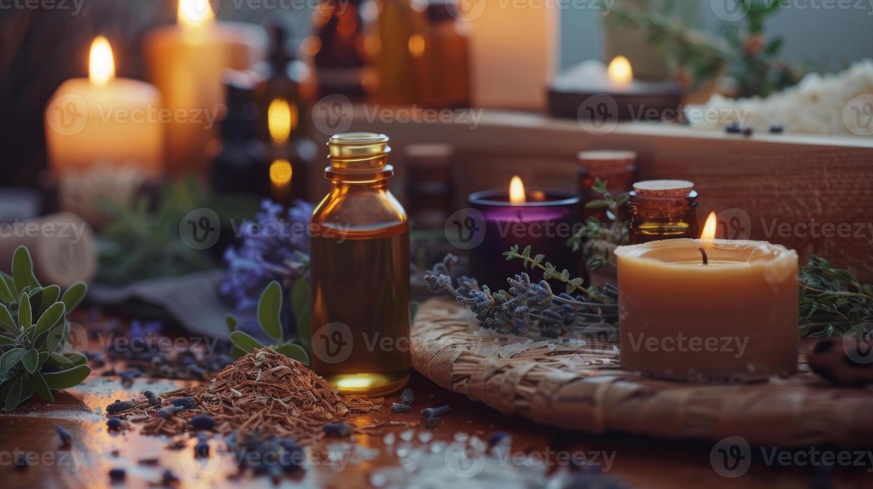 uma foto do vários essencial óleos velas e ervas liderar Fora em uma mesa dentro uma sauna representando a usar do aromaterapia dentro bem estar treinamento sessões.