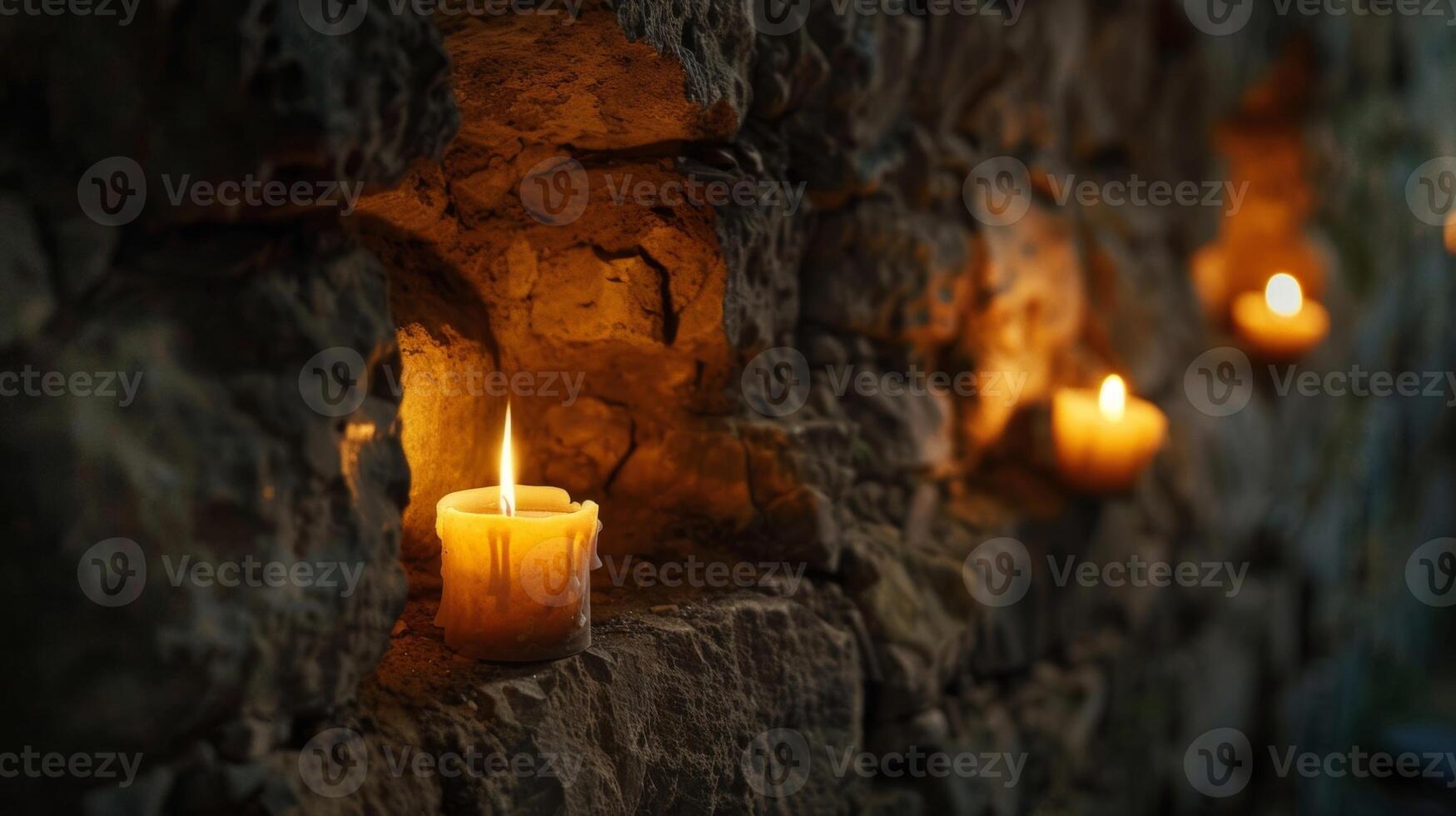 dentro a pedra paredes do a antigo castelo pequeno alcovas esculpido para dentro a Rocha aguarde pequeno velas adicionando uma toque do calor para a castelos frio interior. 2d plano desenho animado foto