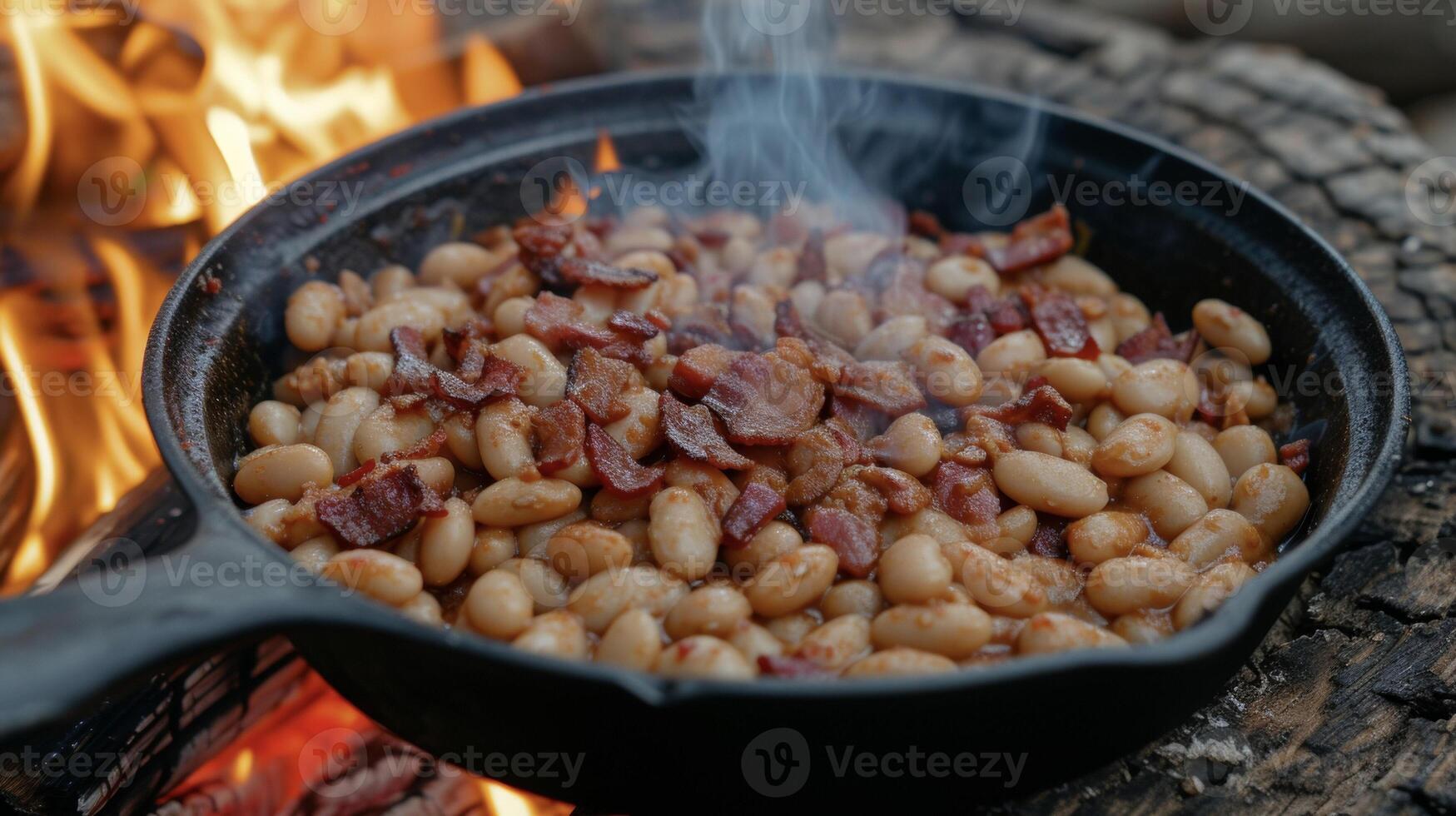 suculento e concurso branco feijões cozinhou baixo e lento dentro uma salgado mistura do es e bacon fazer a perfeito Adição para qualquer fogueira festa foto