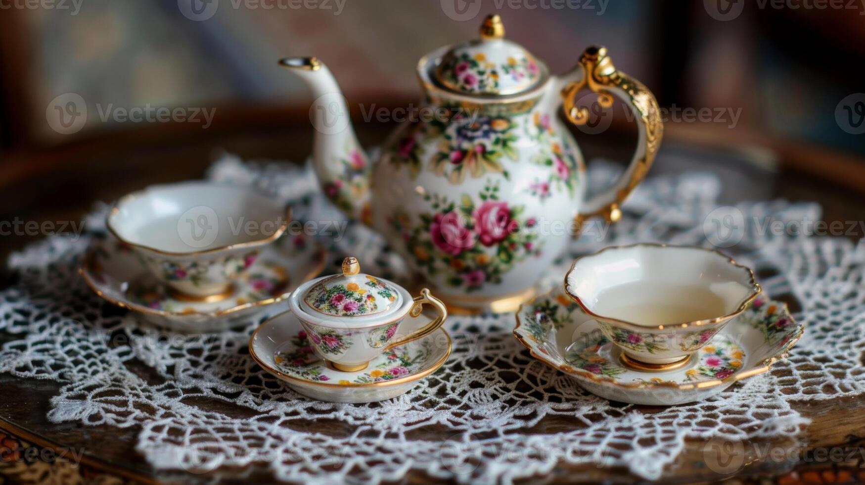 uma miniatura chá conjunto completo com uma chaleira copos e pires cuidadosamente arranjado em uma renda guardanapo. foto