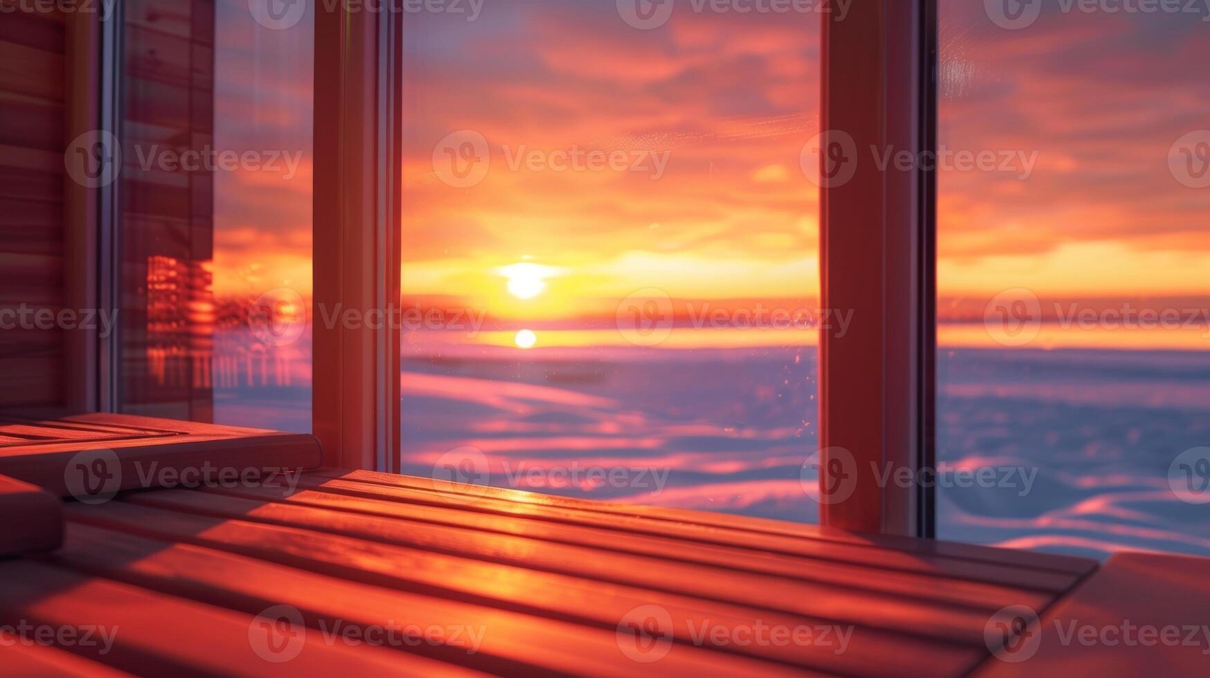 uma tranquilo nascer do sol cena visto através a ampla janelas do a infravermelho sauna. para Essa quem luta com a mais curta dias do inverno iniciando seus dia com uma manhã sauna sessão foto