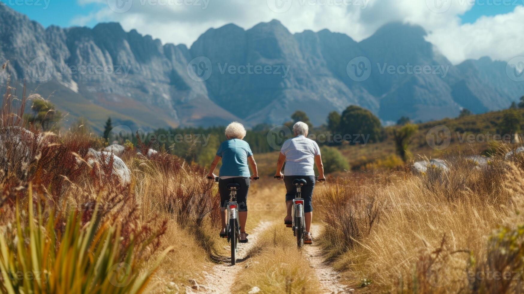 Como elas pedal através uma imaculado natureza reserva a Mais velho casal em elétrico bicicletas aquecer dentro a fresco ar e deslumbrante Visualizações totalmente abraçando uma sustentável e ambiental foto