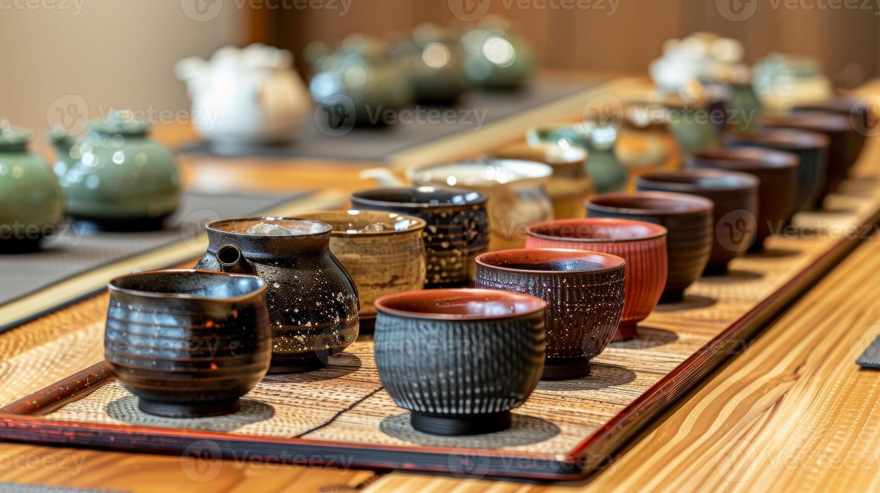 uma mesa conjunto com tradicional japonês chá panelas e copos pronto para alunos para apreciar durante seus Sushi fazer classe foto