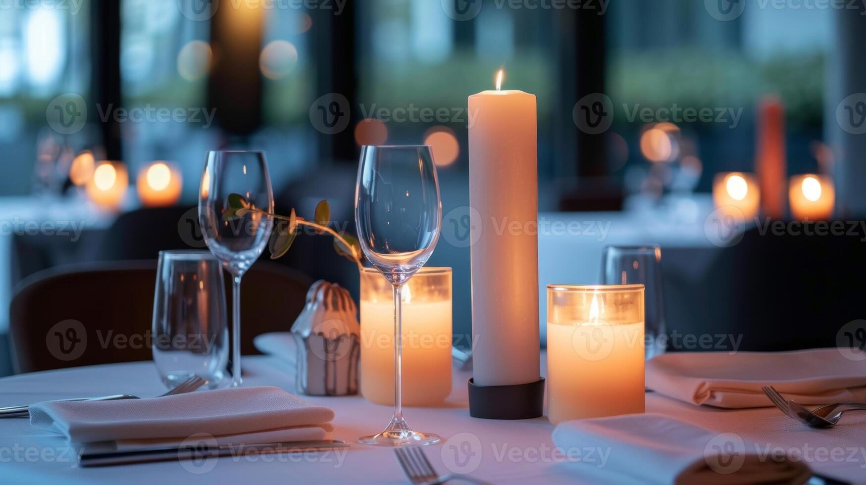 uma lustroso e moderno interior com uma surpreendente toque do intimidade obrigado para a tered velas em cada mesa. 2d plano desenho animado foto