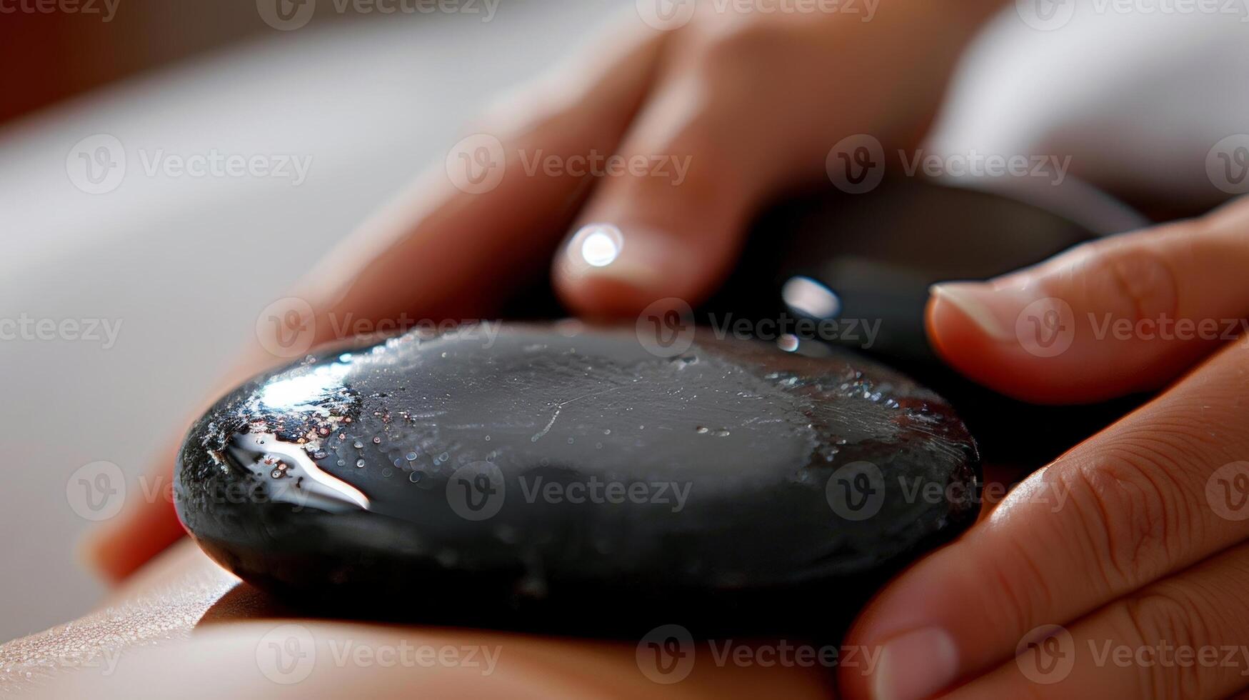 fechar-se do uma quente pedra ser usava para Aplique □ Gentil pressão em uma pessoas músculos promovendo profundo lenço de papel relaxamento. foto