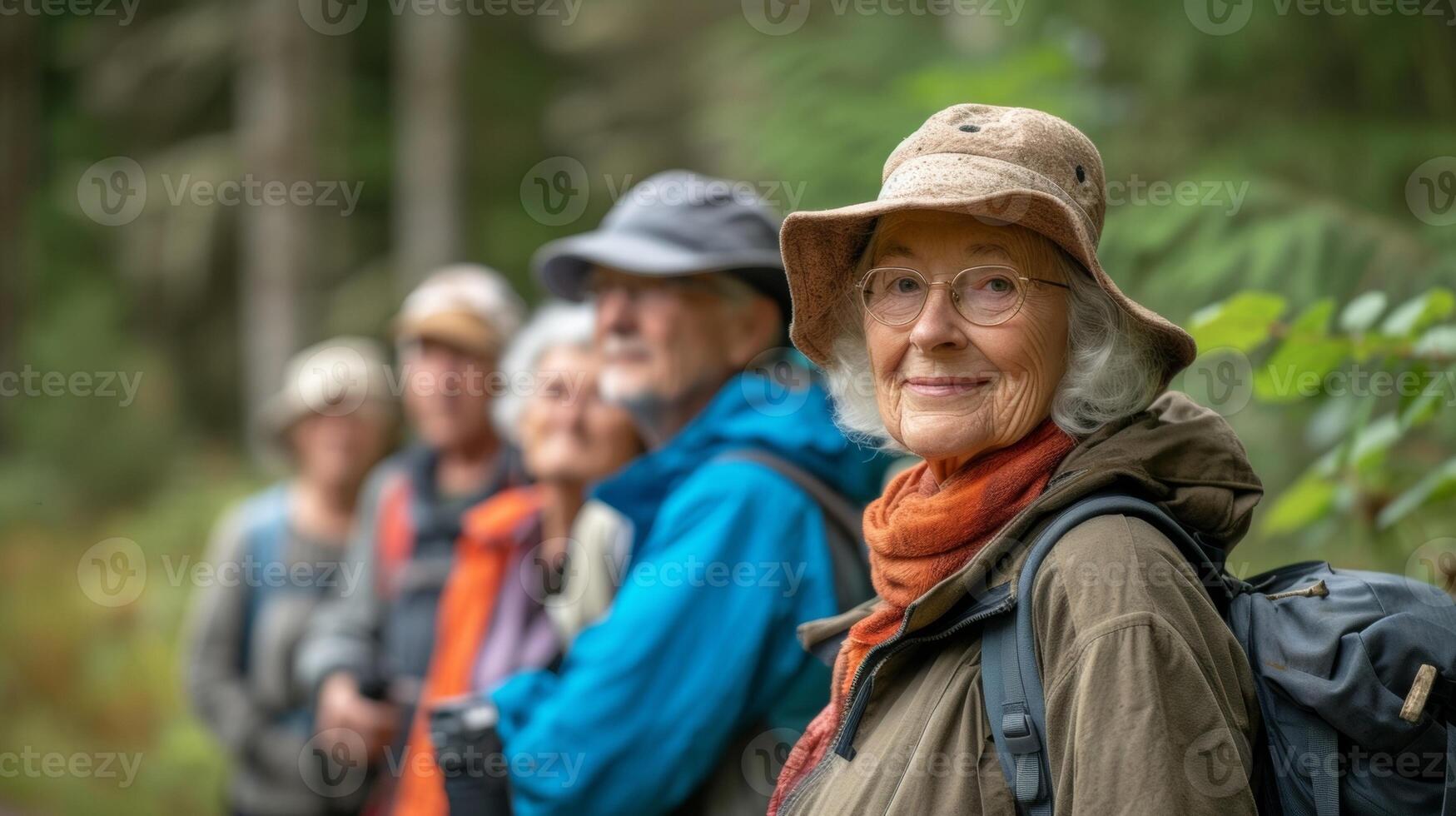 uma grupo do Senior caminhantes desfrutando a brilho do sol e fresco ar enquanto caminhando através uma floresta trilha para uma caridoso causa apoiando animais selvagens conservação foto