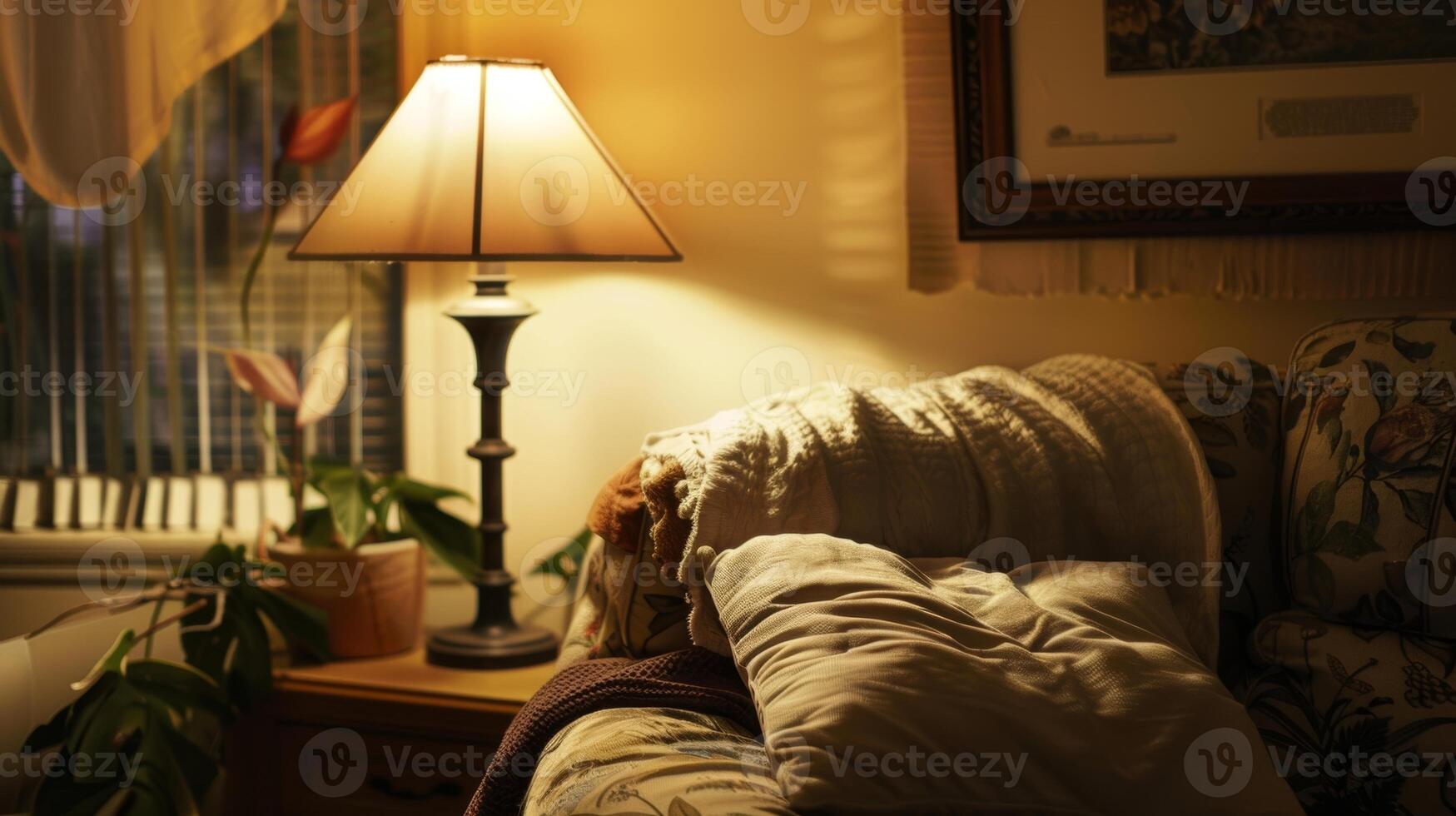 a caloroso brilho do uma lendo luminária fundição uma sereno luz sobre a recanto foto