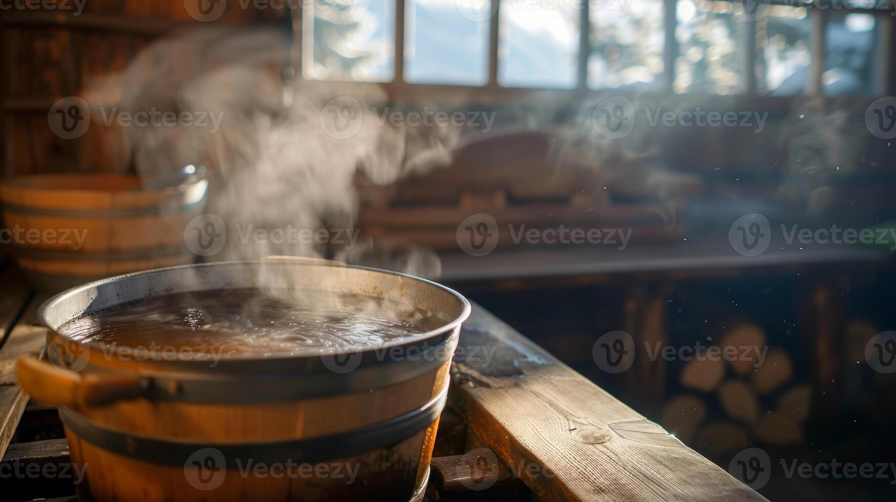 a calor e vapor do a sauna acompanhado de a reconfortante cheiros do uma embalado em nutrientes caldo fervendo próximo. foto
