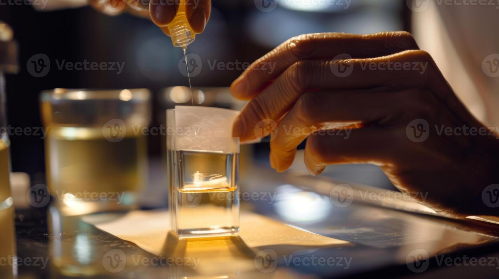 uma perfumista teste uma recentemente criada odor em uma borrão papel para Vejo quão isto vai desenvolve e interagir com a clientes pele química foto