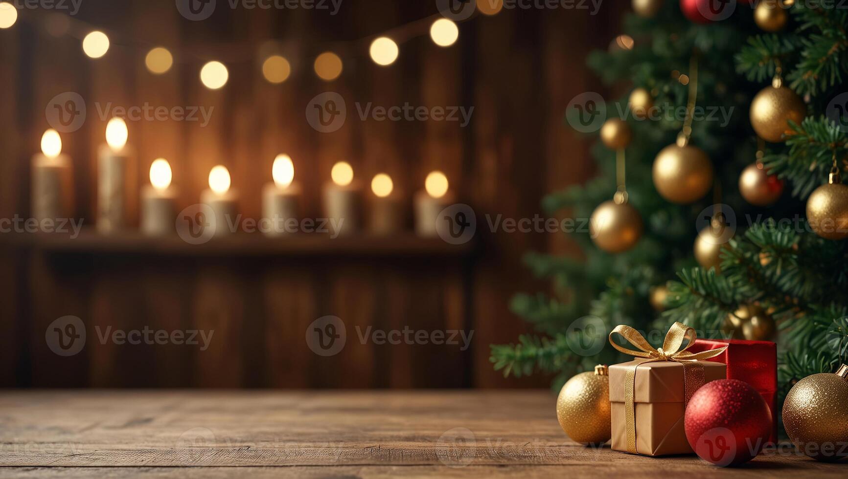 festivo borrado fundo com esvaziar de madeira superfície. presente caixas, Natal árvore, aceso velas. inverno celebração conceito. espaço para texto. para poster, cumprimento cartão, publicidade foto