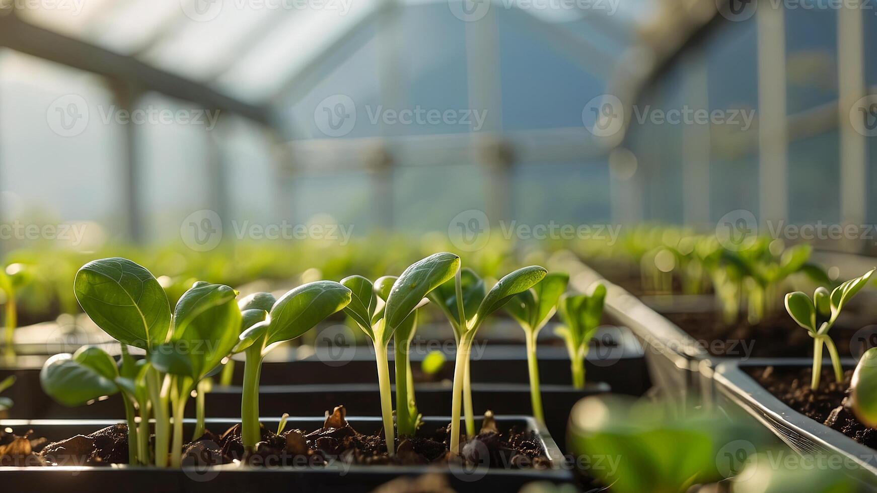 jovem plantas, brotos crescendo dentro uma estufa. borrado natureza fundo. colheita cultivo conceito foto