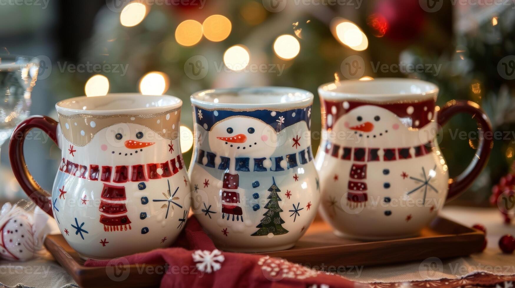 uma conjunto do quatro pintado à mão canecas adornado com imagens do alegre bonecos de neve e ling estrelas ideal para bebericando quente cacau em Natal manhã. foto