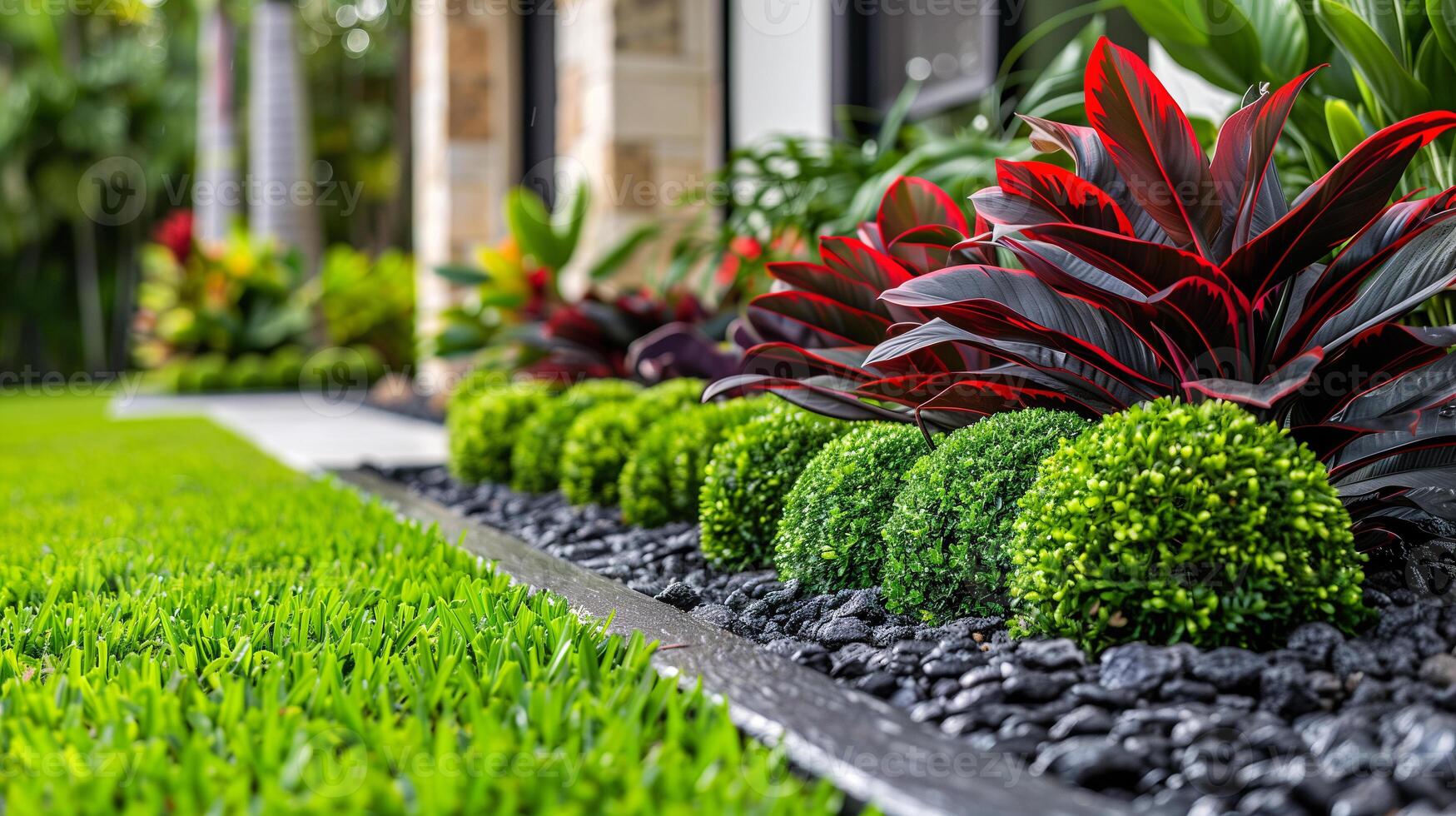 paisagístico jardim caminho com vibrante flores e pedrinhas foto