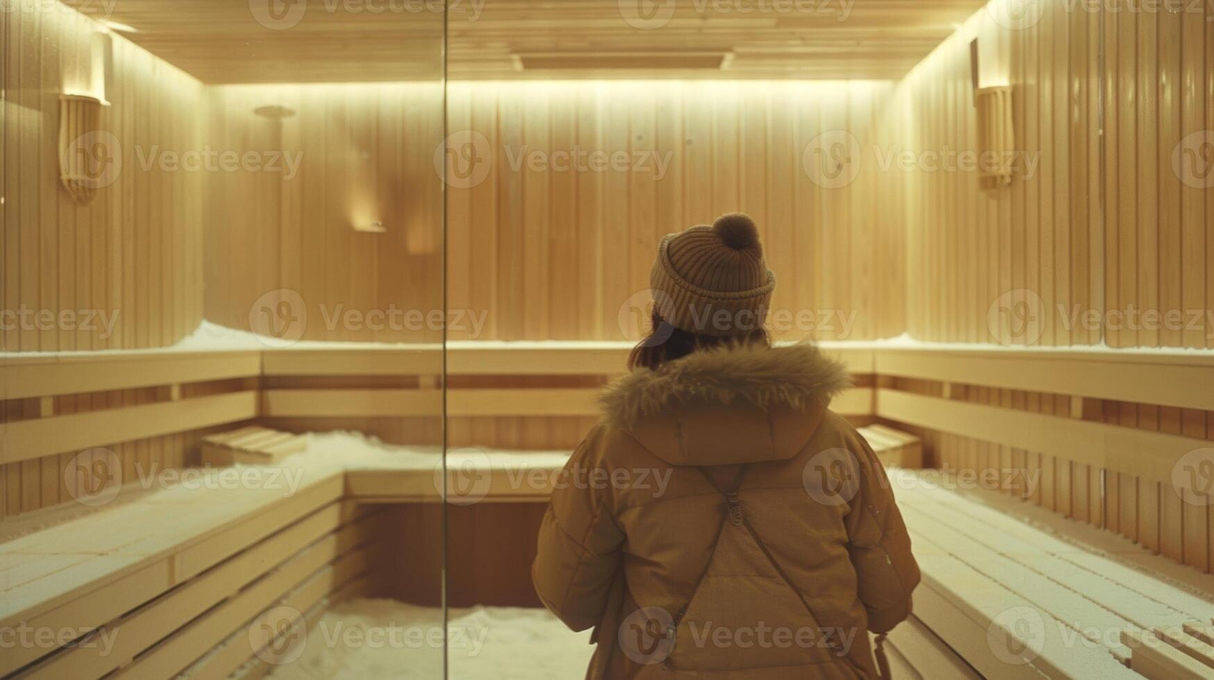 a mulher cascas fora dela camadas do inverno roupas e passos dentro a espaçoso sauna sentindo-me a calor imediatamente envolver dela. foto