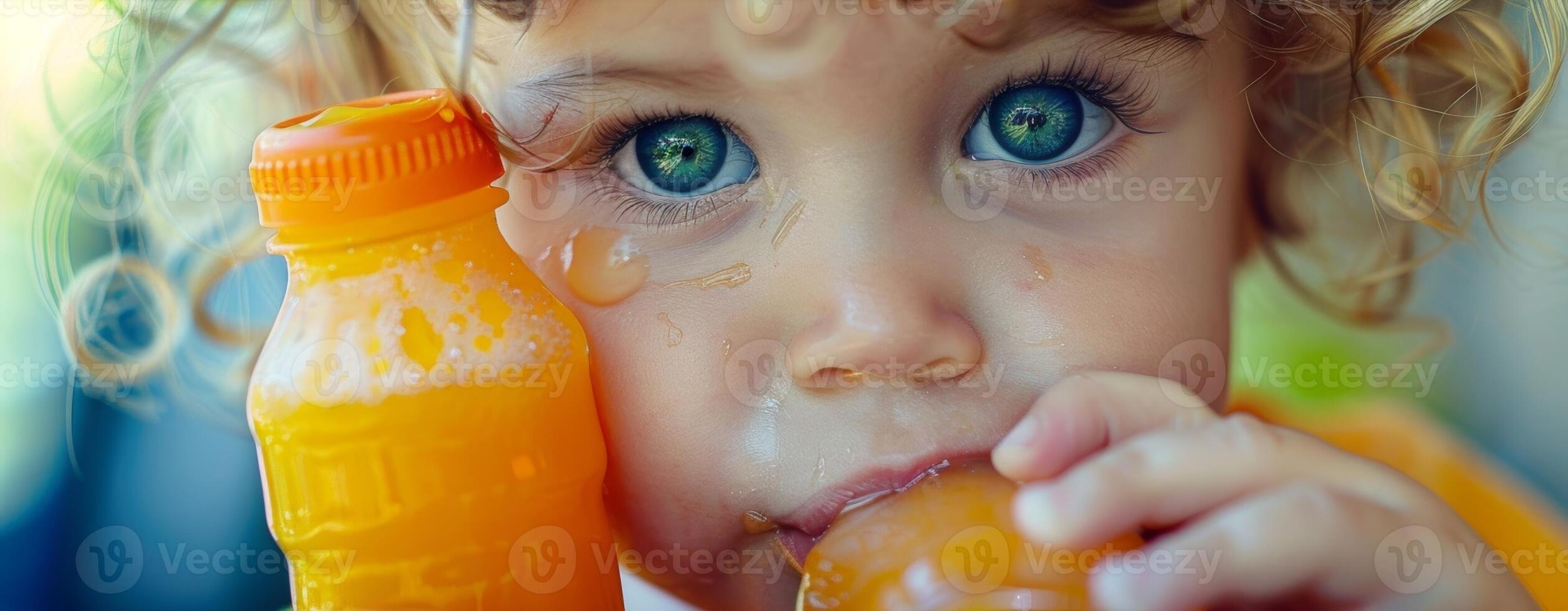 uma de olhos arregalados criança garras uma mini suco garrafa avidamente alcançando para uma trago com pegajoso dedos foto