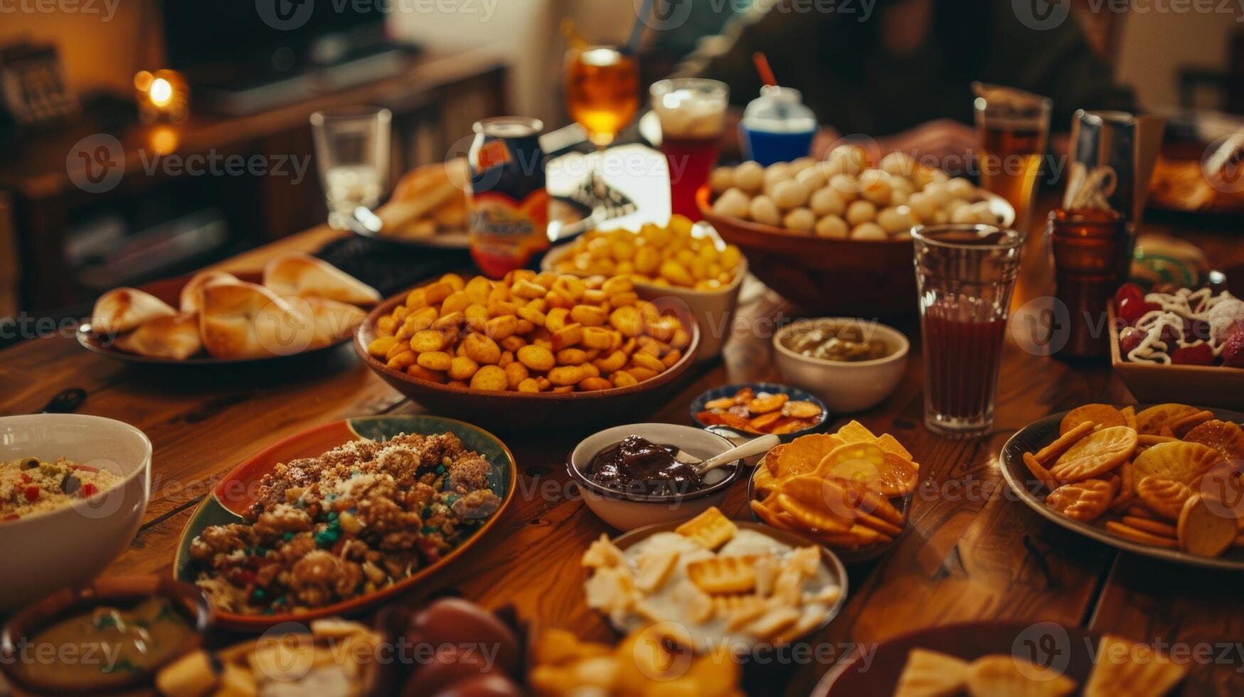 uma mesa é preenchidas com vários lanches e bebidas com não alcoólico opções para todos para apreciar durante a jogos noite Jogos Olímpicos foto