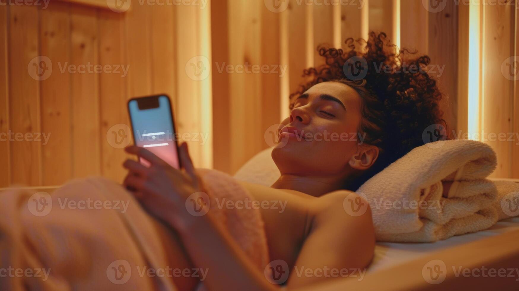 uma mulher deitado em uma toalha dentro a sauna usando uma guiado meditação aplicativo em dela telefone para Socorro dela descontrair. foto