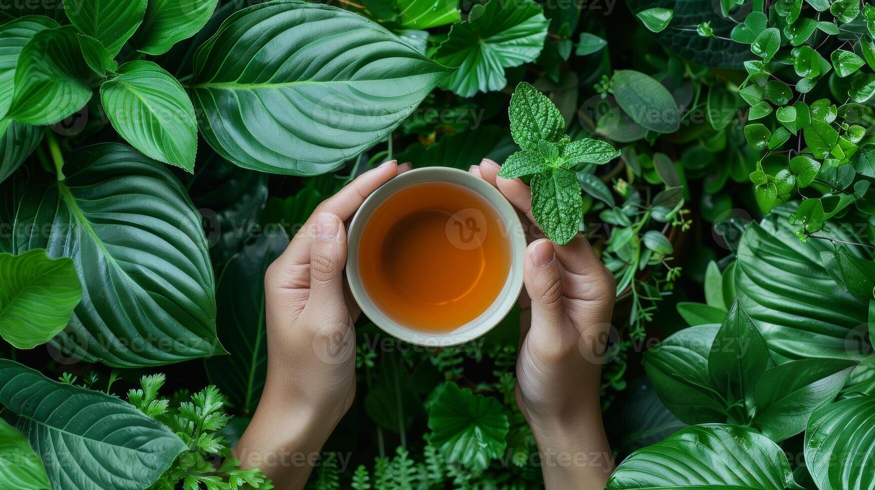 uma pessoa segurando uma copo do ervas chá cercado de exuberante verde plantas com uma rubrica explicando quão bebendo ervas chás enquanto dentro a sauna pode promover hormonal equilíbrio. foto