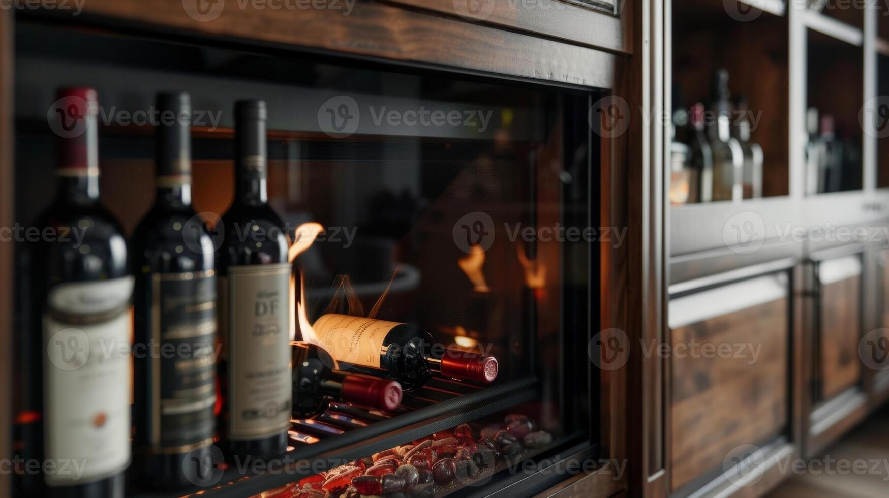 uma acolhedor tarde de a fogo é fez até Mais especial com a Adição do uma construídas em vinho prateleira perfeito para relaxante e desenrolando. 2d plano desenho animado foto