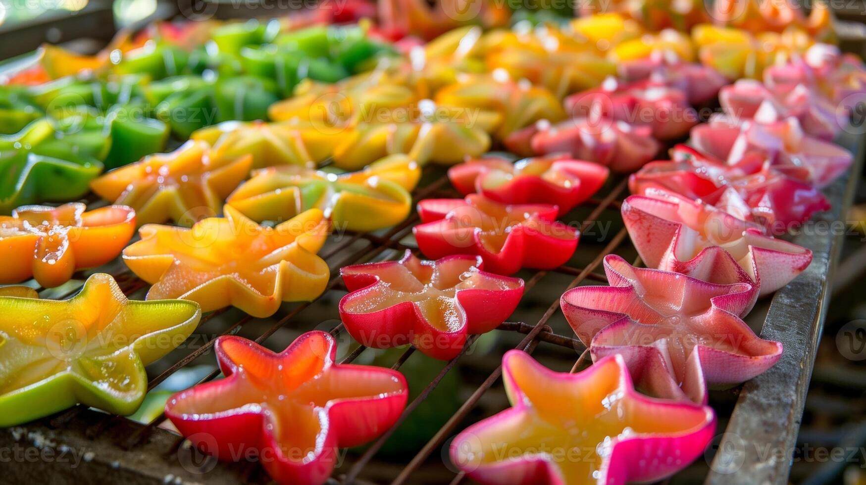 a ao ar livre secagem prateleira preenchidas com colorida fatias do carambola uma popular tropical fruta este é perfeito para desidratante foto