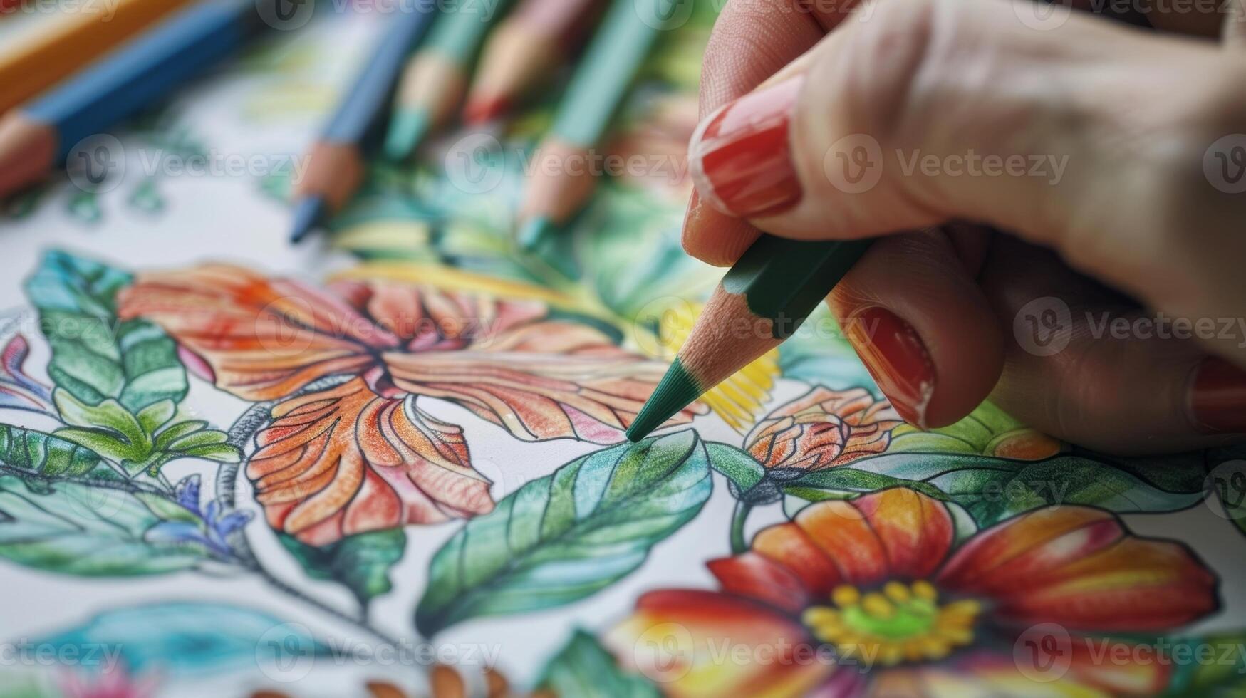 uma pessoas mão suavemente coloração dentro uma página do uma sereno jardim cena usando vibrante grau de artista lápis foto