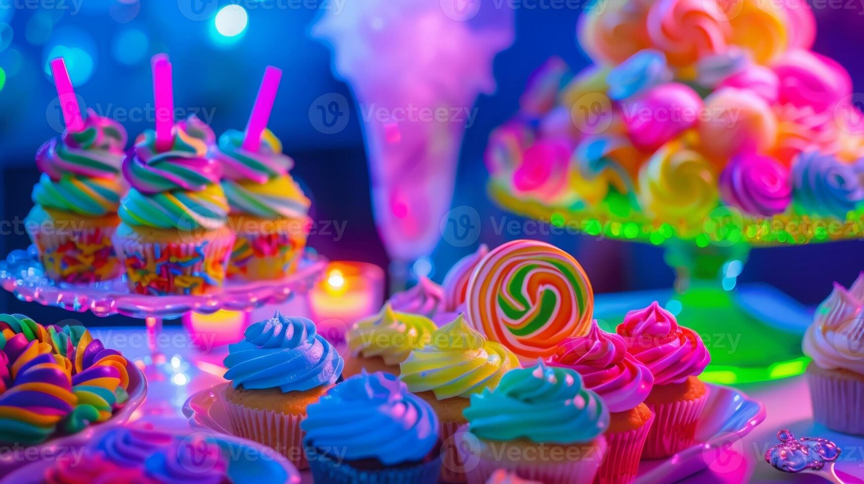 uma espalhar do neon colorido lanches e sobremesas Incluindo brilhando algodão doce e bastão luminosodecorado bolos de copo foto