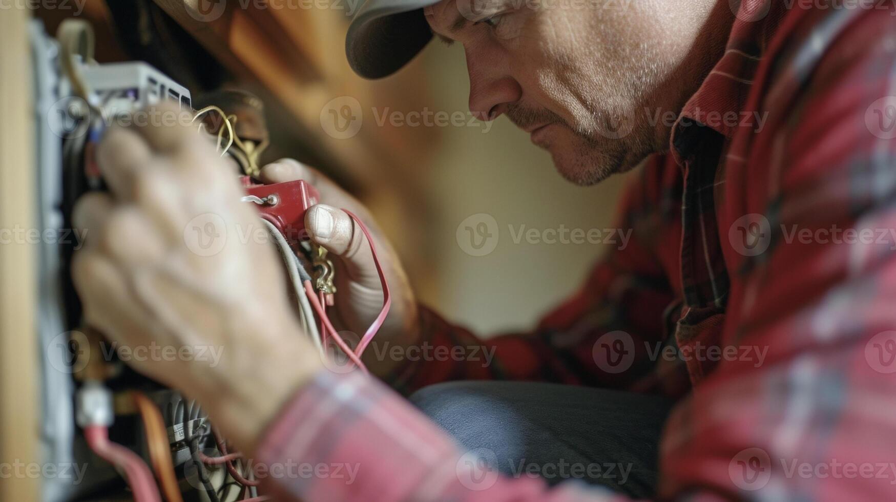 uma fechar-se tiro do uma técnico substituindo a velho e defeituoso termostato com uma Novo inteligente 1 dando proprietários de casas Mais ao controle sobre seus casas temperatura configurações foto