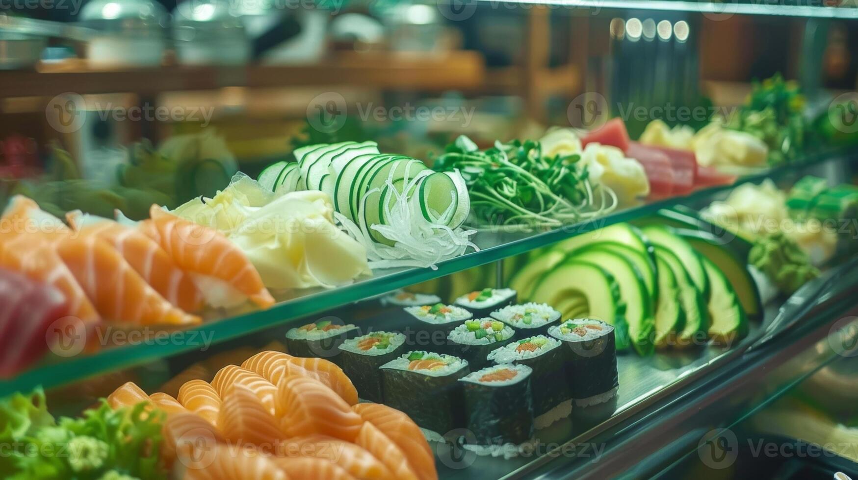 uma exibição do vários ingredientes para Sushi Incluindo fresco abacate pepino e em conserva gengibre foto