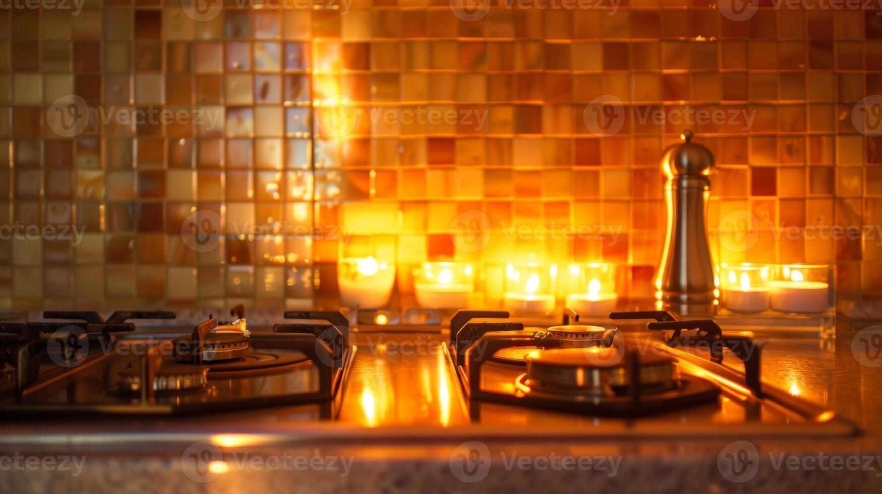 a caloroso dourado luz do a velas elencos sombras em a lustroso lado a lado backsplash atrás a forno. 2d plano desenho animado foto