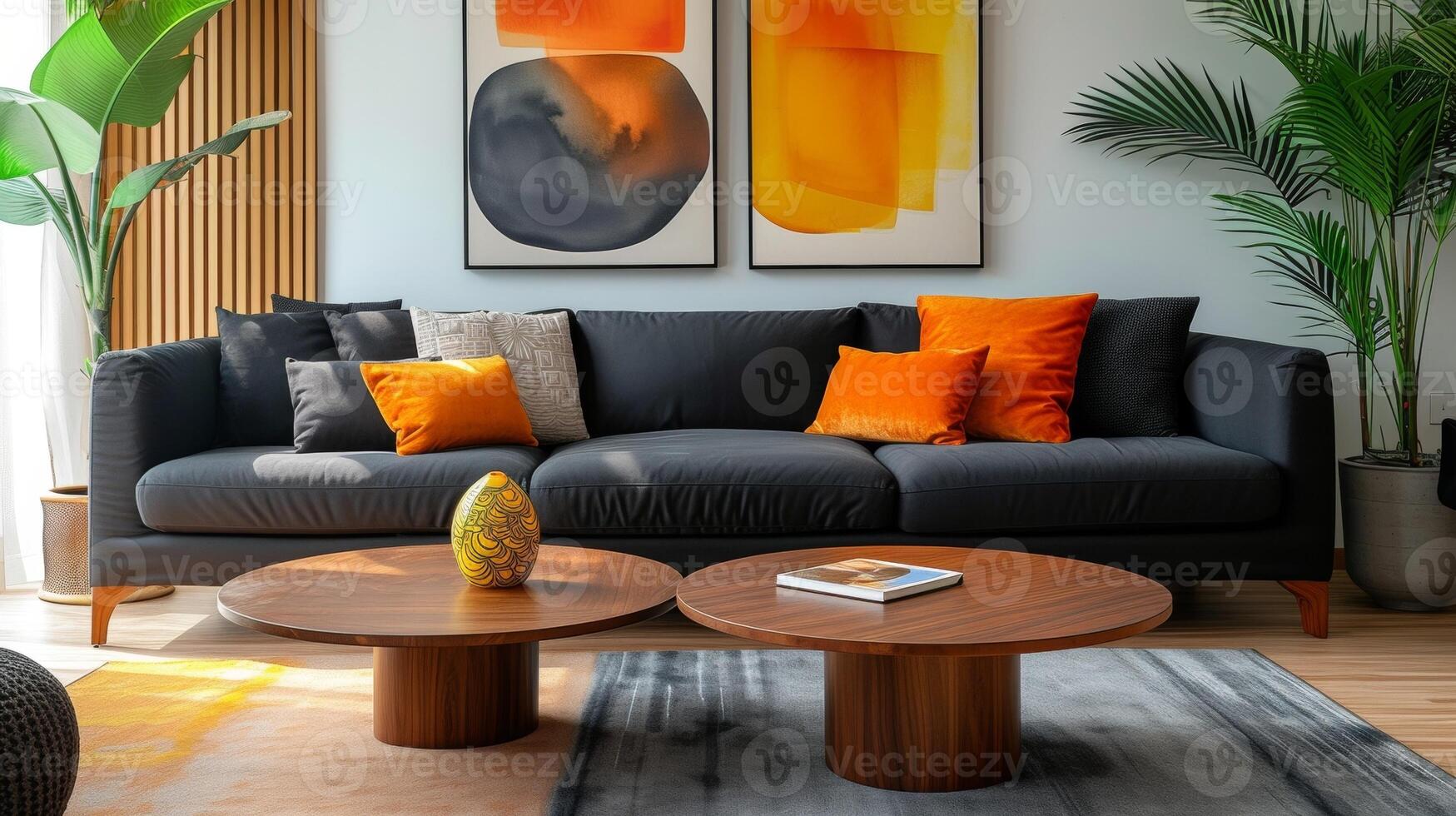 uma moderno vivo quarto com uma lustroso Preto sofá uma minimalista de madeira café mesa e uma poucos negrito arte peças mostrando este aposentadoria vivo pode estar à moda e simplificado sagacidade foto