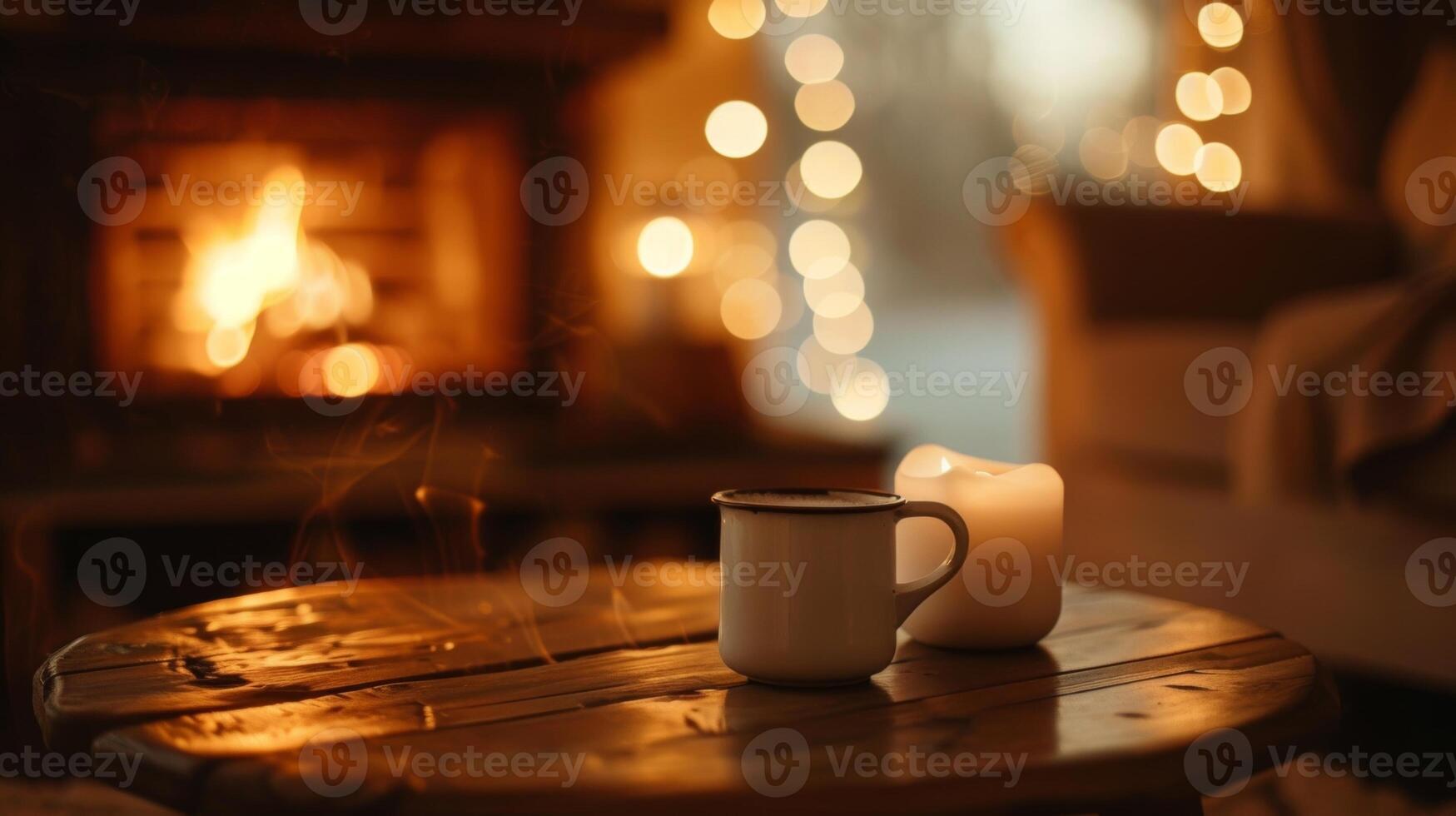 uma pequeno café mesa senta dentro frente do a lareira oferta uma conveniente Lugar, colocar para conjunto baixa uma copo do café ou chá. 2d plano desenho animado foto