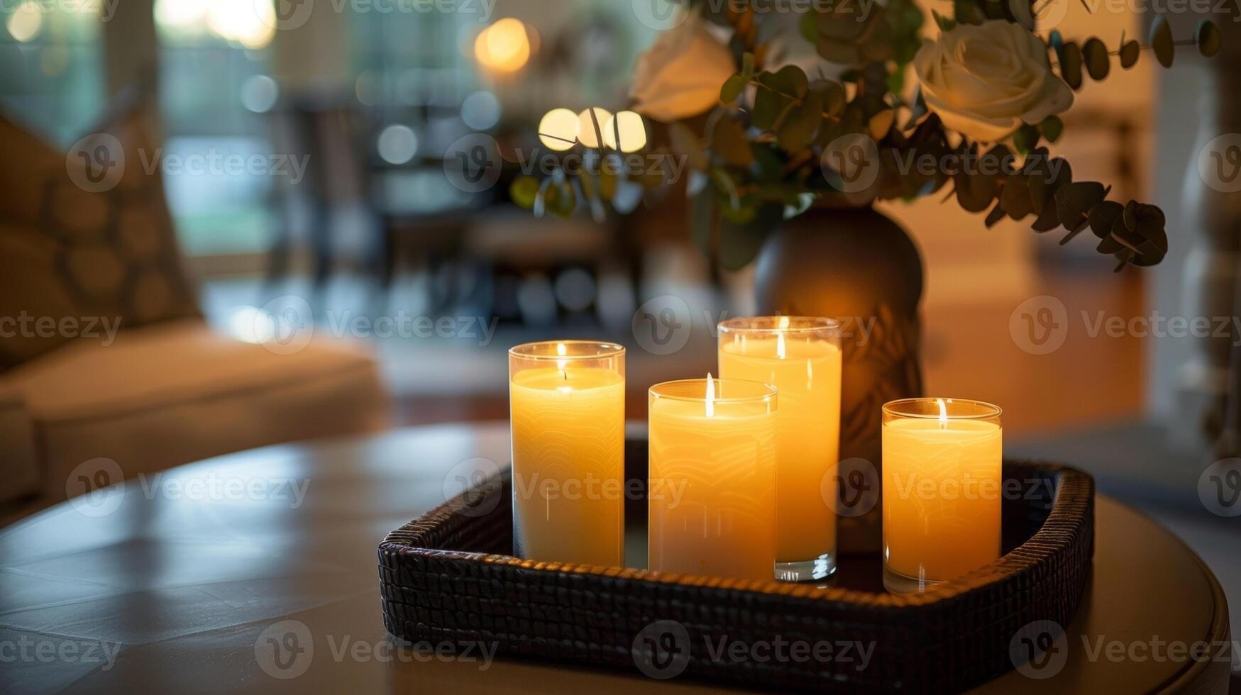 uma caloroso e convidativo atmosfera é criada dentro a vestíbulo com uma coleção do velas exibido em uma lustroso moderno bandeja. 2d plano desenho animado foto