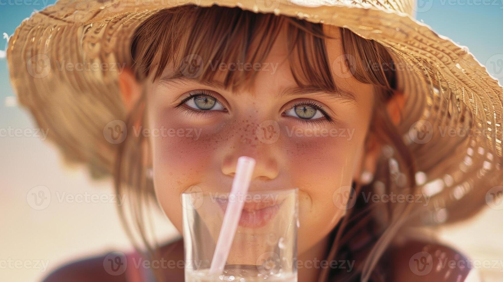 uma jovem menina goles em uma alta vidro do espumante seltzer uma Palha cutucando Fora a partir de debaixo dela abas largas Sol chapéu foto