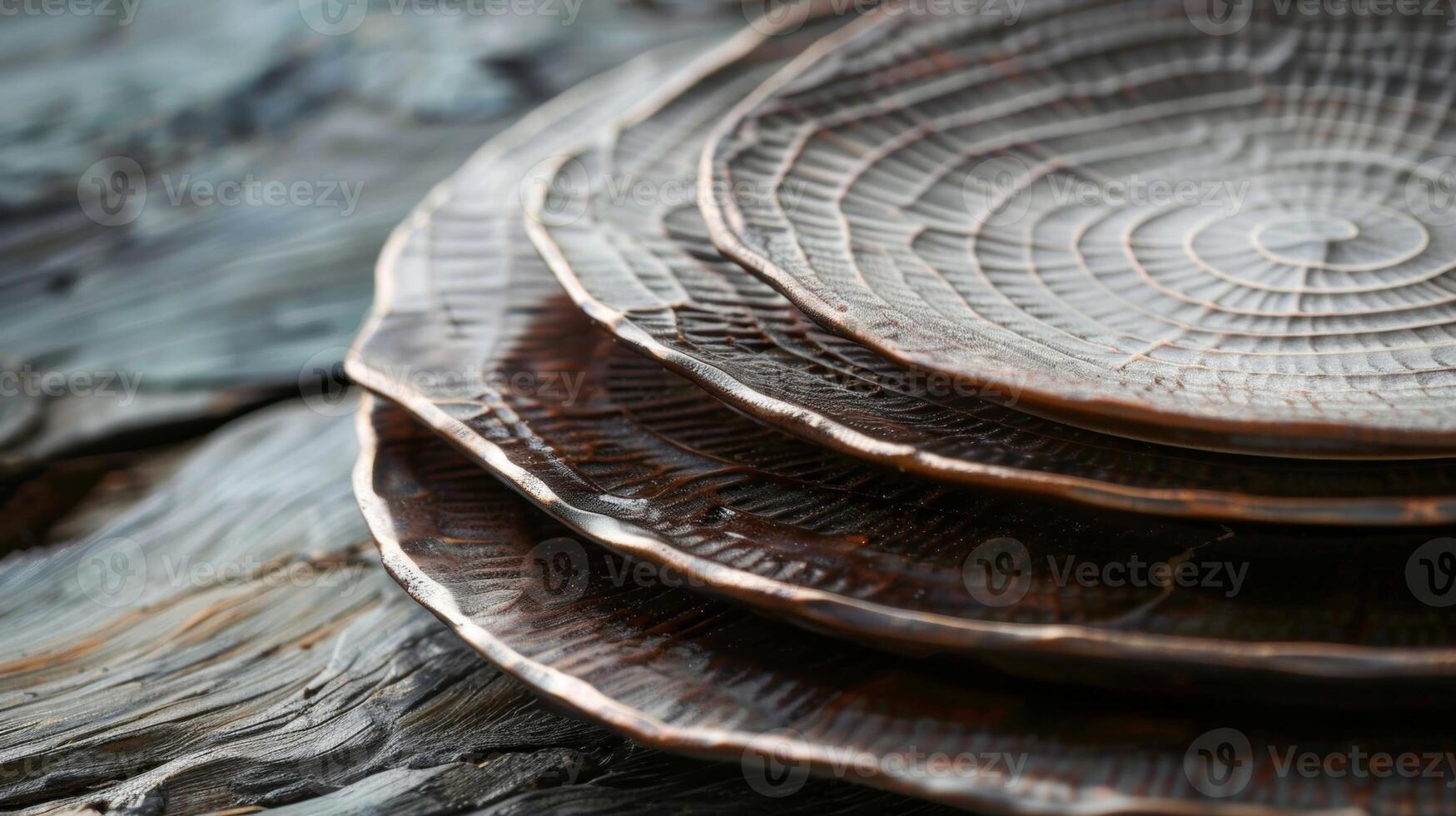 uma conjunto do cerâmico pratos com uma único textura semelhante a a latido do uma árvore adicionando a orgânico e rústico toque para qualquer mesa contexto. foto