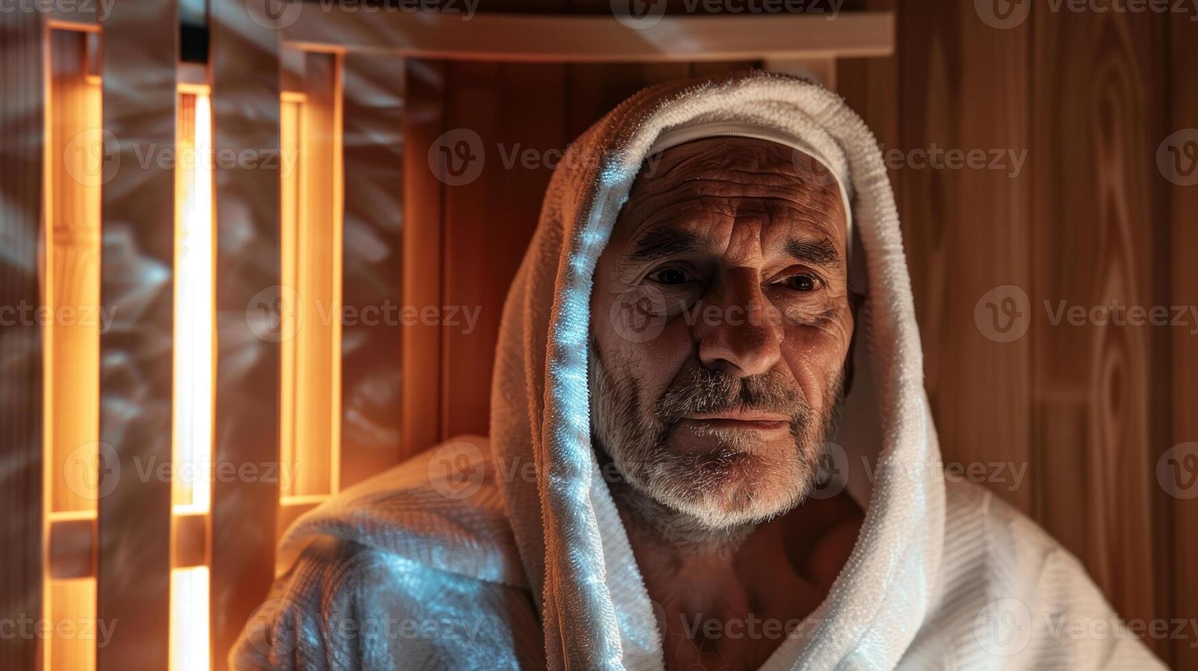 uma homem entrando a sauna sentindo-me cansado e drenado mas esperançoso este a infravermelho tecnologia vai providenciar alguns alívio. foto